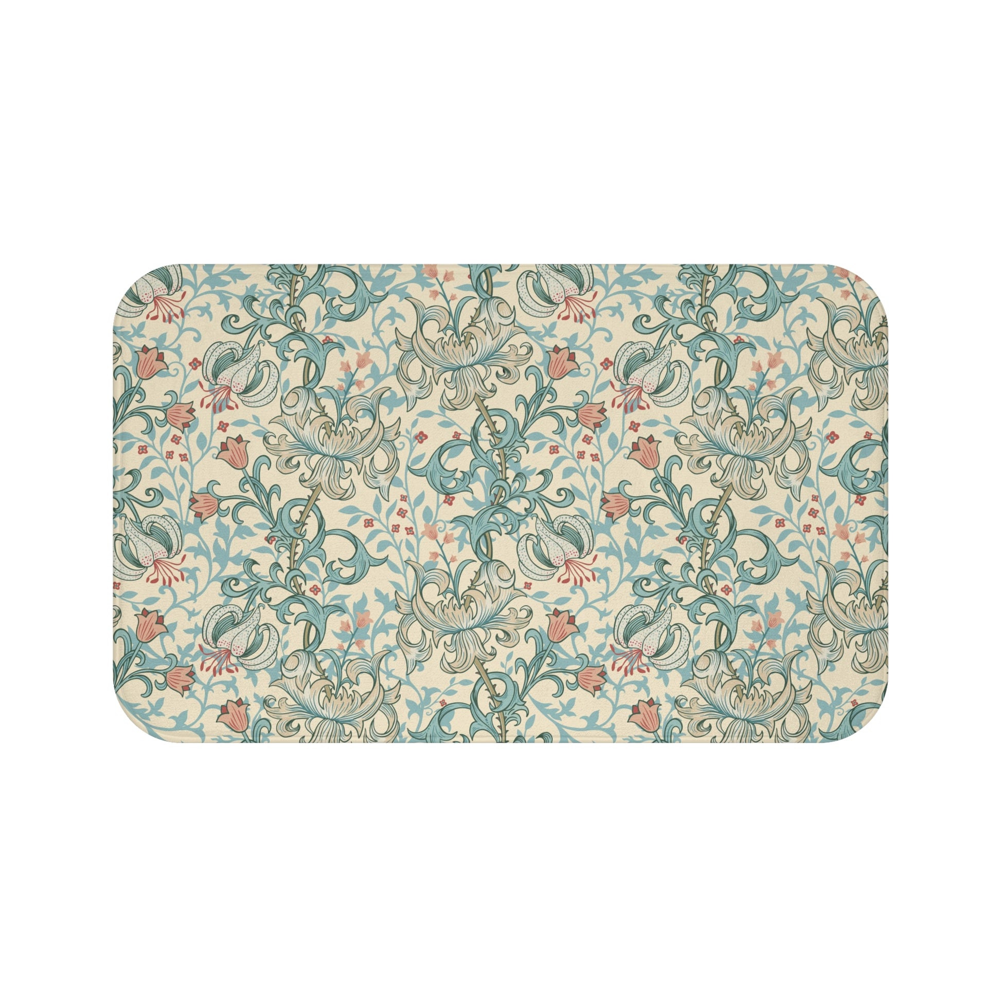 Rectangular microfibre bath mat with a floral pattern inspired by William Morris, in colors green, beige, and pink.