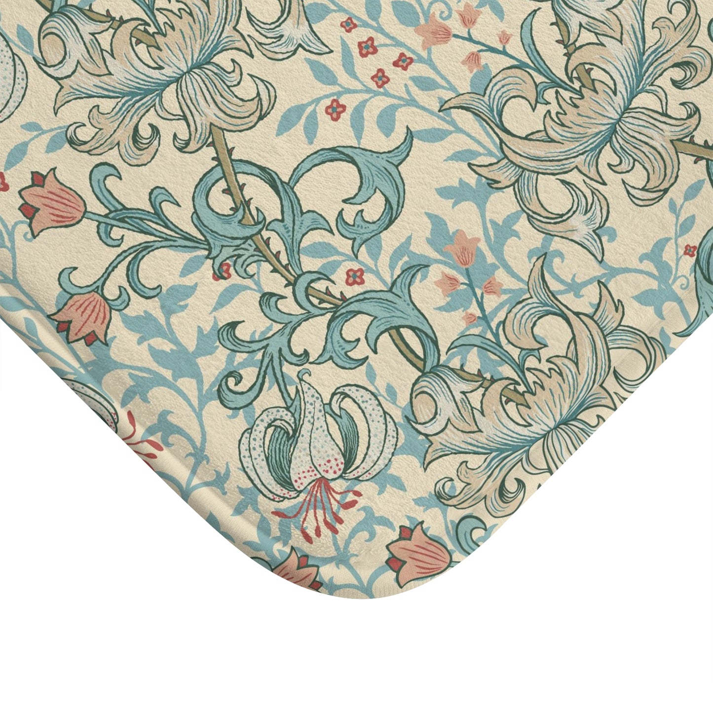Rectangular microfibre bath mat with a floral pattern inspired by William Morris, in colours green, beige, and pink.