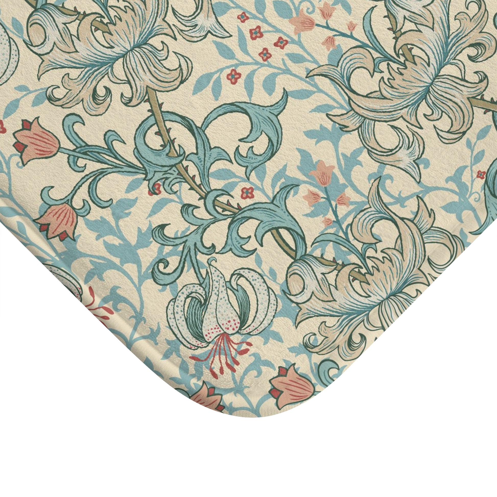 Rectangular microfibre bath mat with a floral pattern inspired by William Morris, in colours green, beige, and pink.