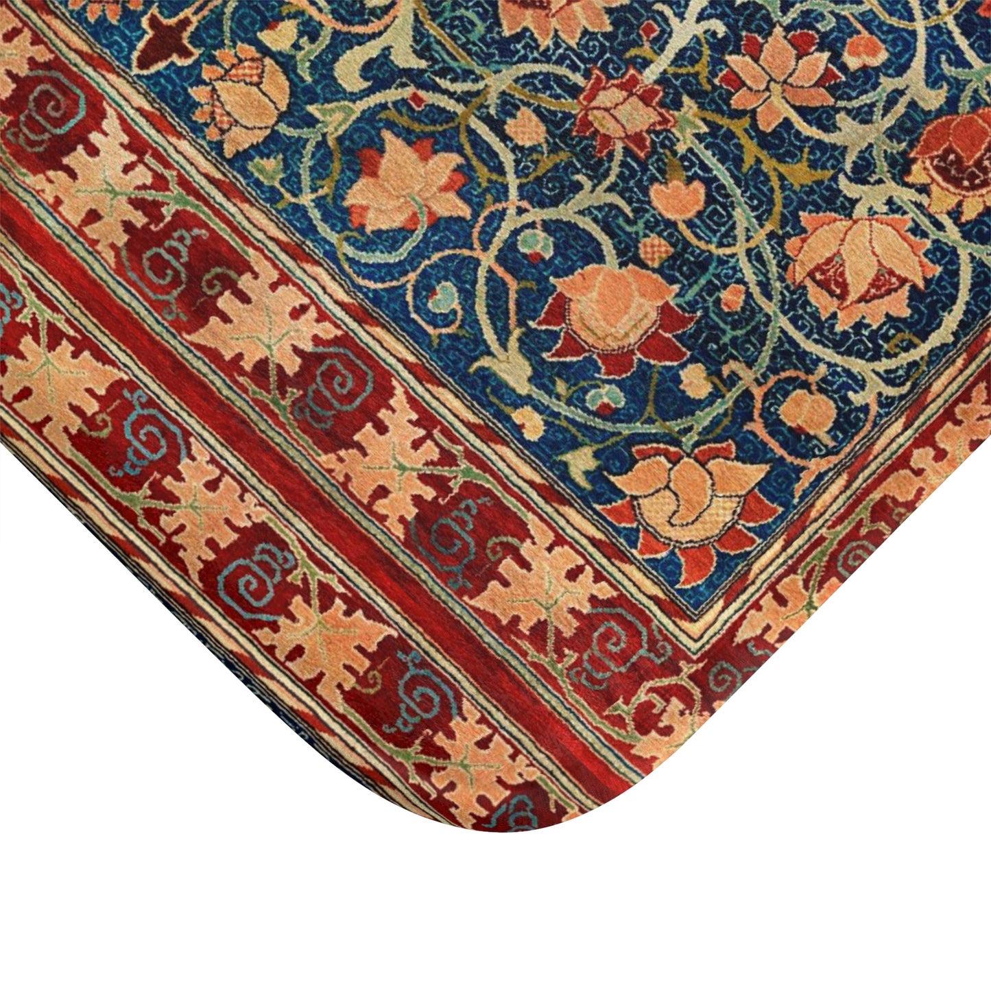 Close-up of a colorful floral patterned rug with red, blue, and orange colors.