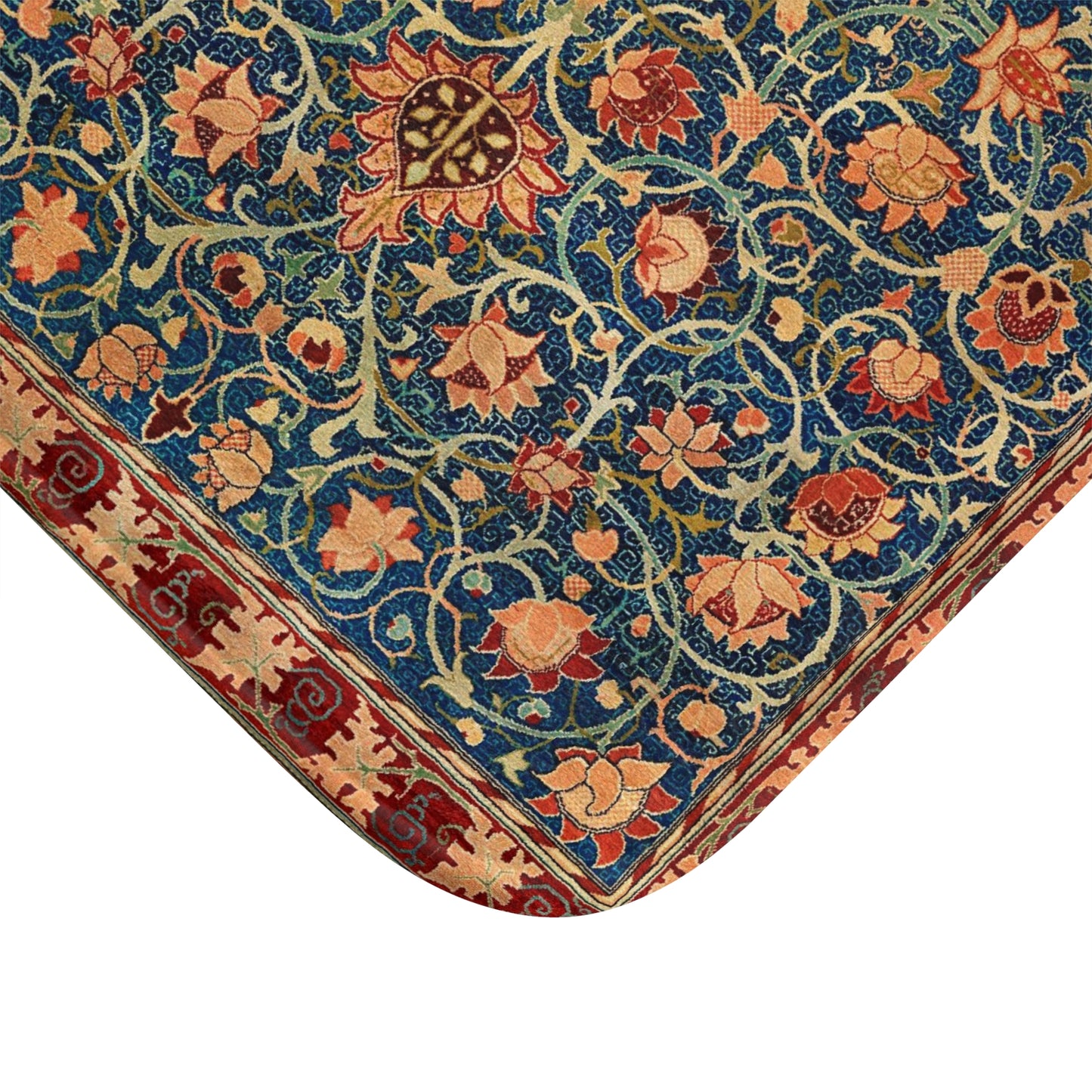 Close-up of a patterned rug with floral designs on a white background