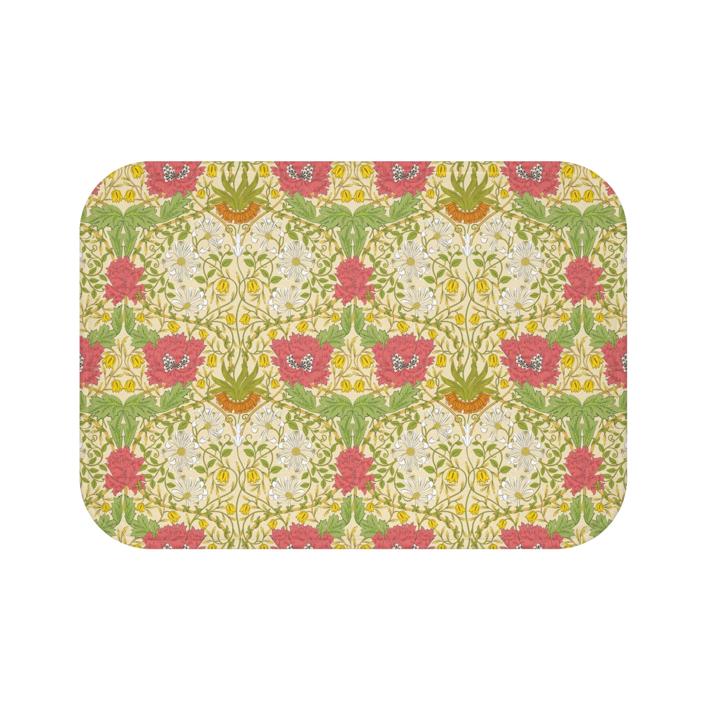 A rectangular microfibre bath mat with a floral pattern inspired by William Morris, in colours green, pink, yellow, and white.