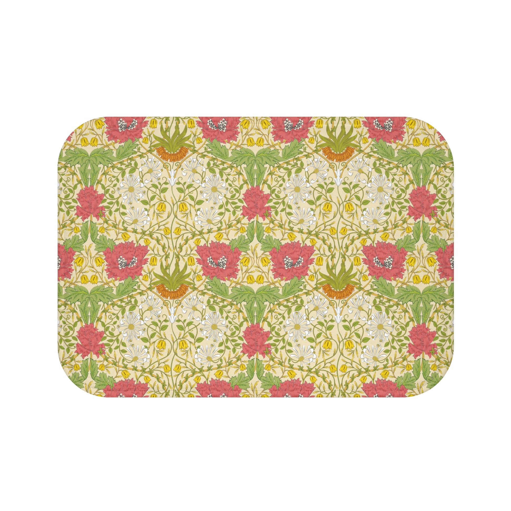 A rectangular microfibre bath mat with a floral pattern inspired by William Morris, in colours green, pink, yellow, and white.