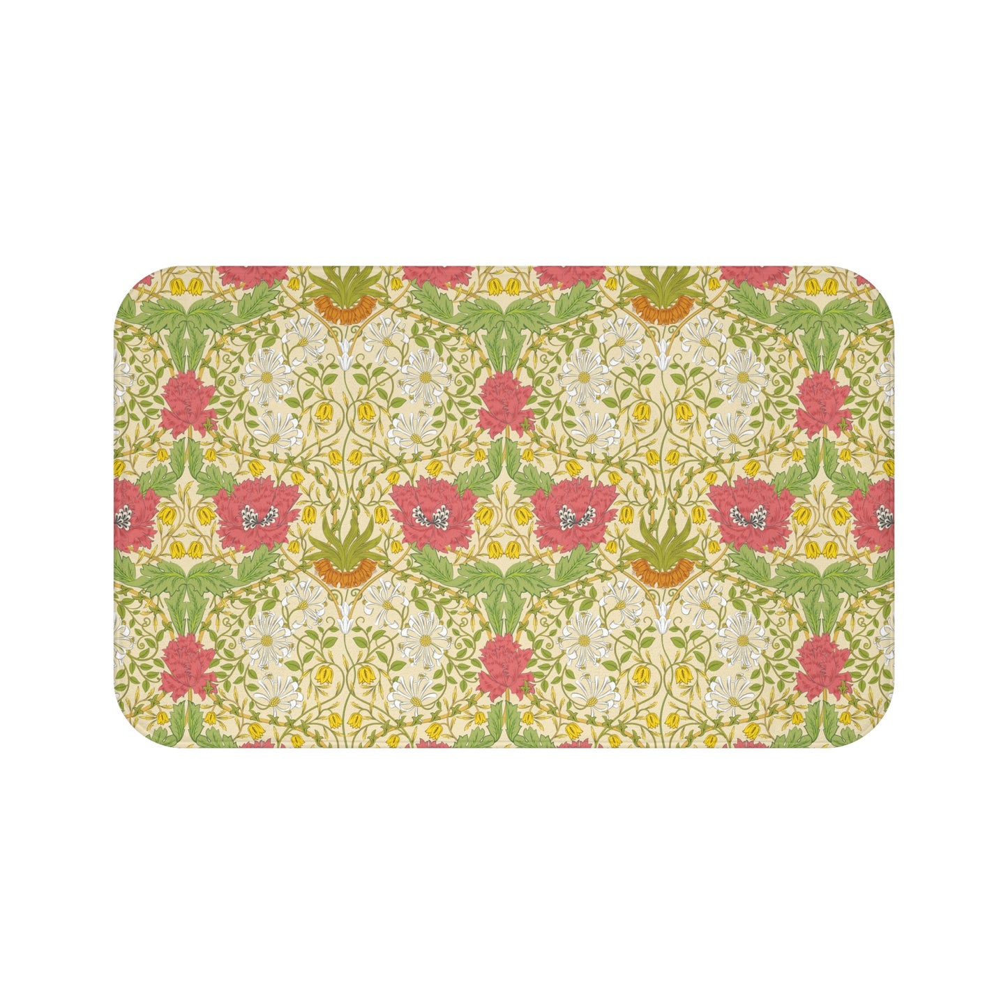 A rectangular microfibre bath mat with a floral pattern inspired by William Morris, in colors green, pink, yellow, and white.