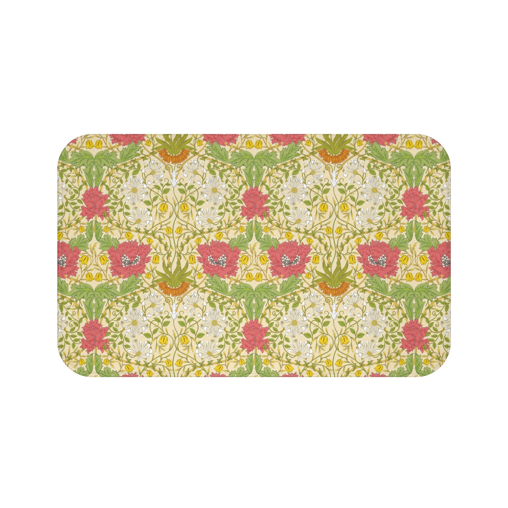 A rectangular microfibre bath mat with a floral pattern inspired by William Morris, in colors green, pink, yellow, and white.