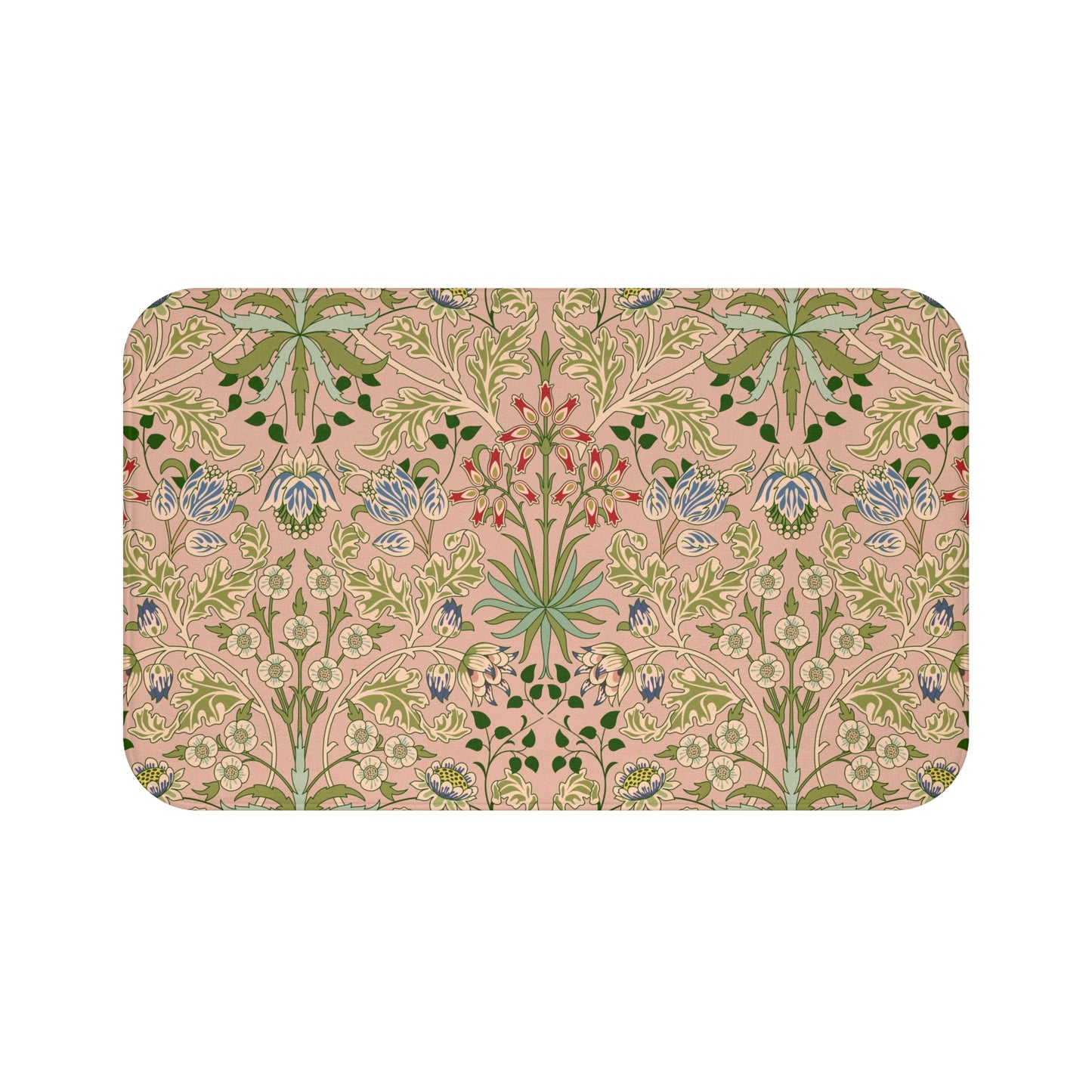 A rectangular microfibre bath mat with a floral pattern inspired by William Morris, in colors pink, green, and white.