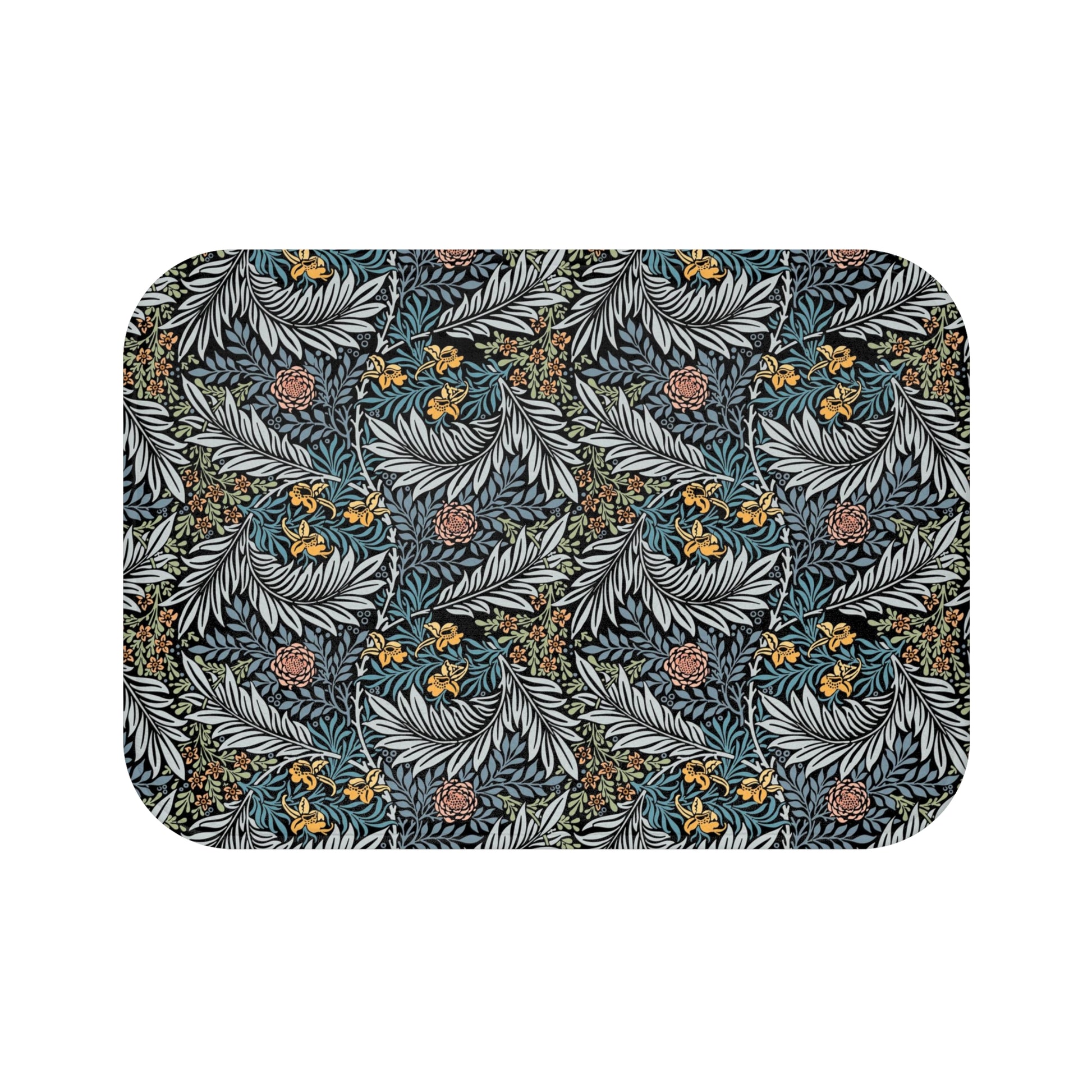 A rectangular microfibre bath mat with a blue background featuring an elegant floral pattern inspired by William Morris' work.