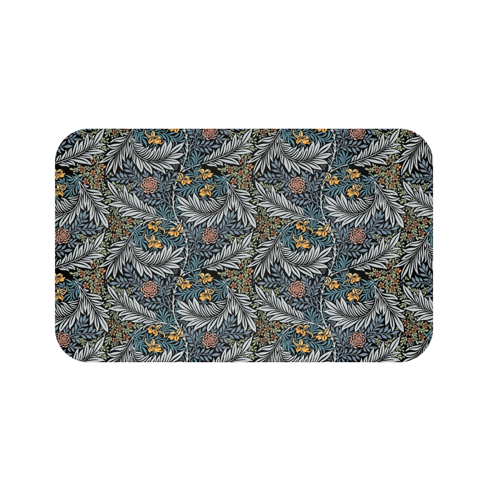 A rectangular microfibre bath mat with a blue background featuring an elegant floral pattern inspired by William Morris' work.