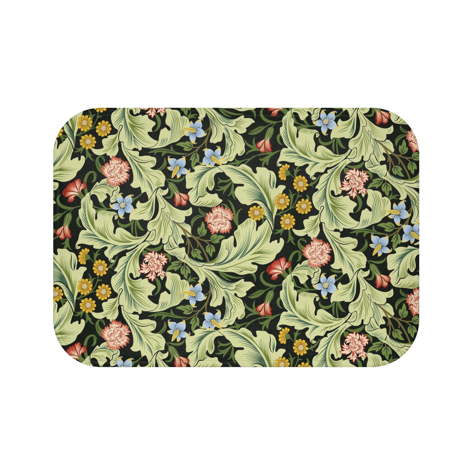 Microfibre bath mat with a green background featuring floral patterns inspired by William Morris.