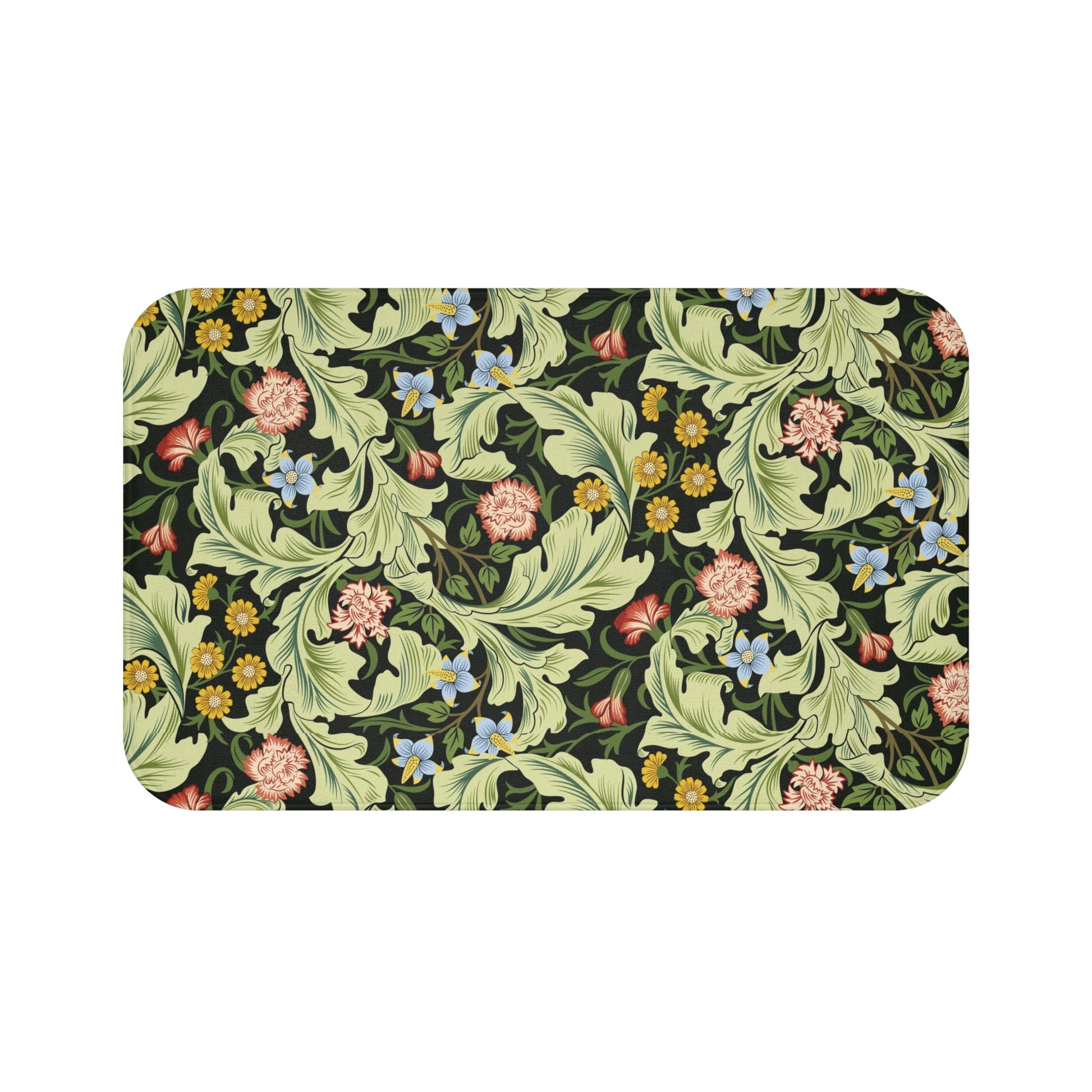 Microfibre bath mat with a green background featuring floral patterns inspired by William Morris.