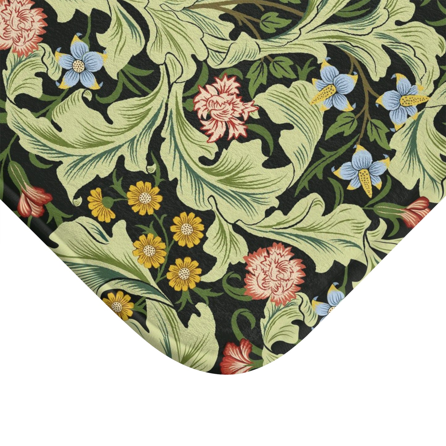 Microfibre bath mat with a green background featuring floral patterns inspired by William Morris.