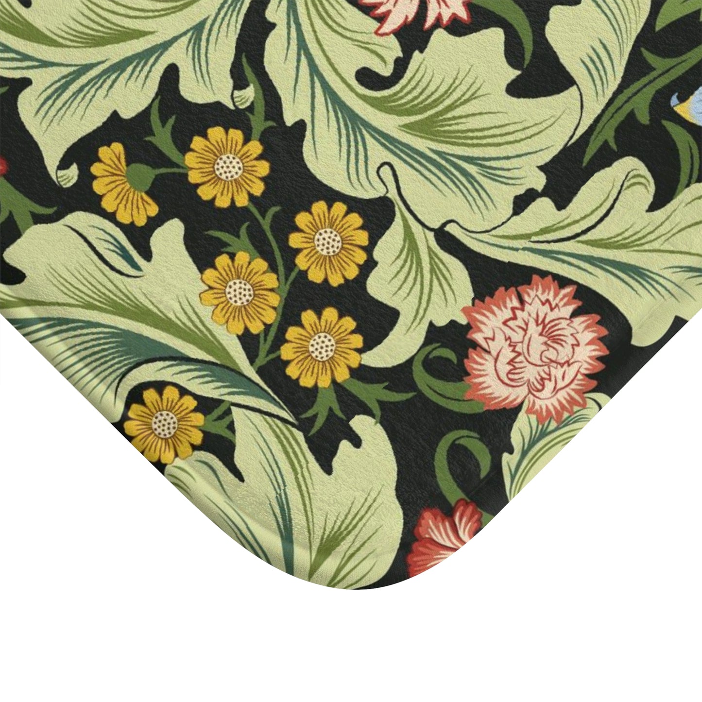 Microfibre bath mat with a green background featuring floral patterns inspired by William Morris.