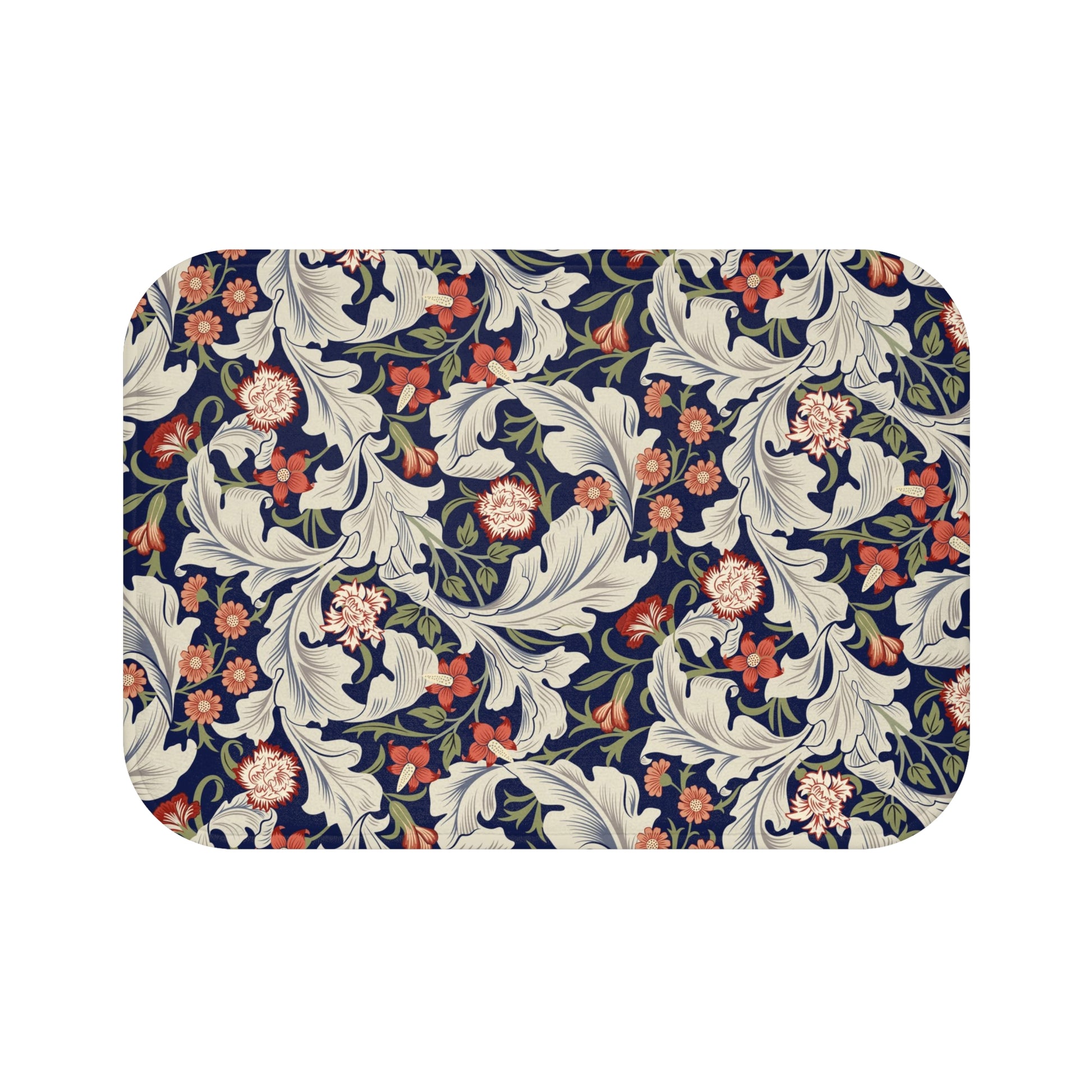 A rectangular microfibre bath mat with a floral pattern inspired by William Morris, predominantly in blue and white colours.