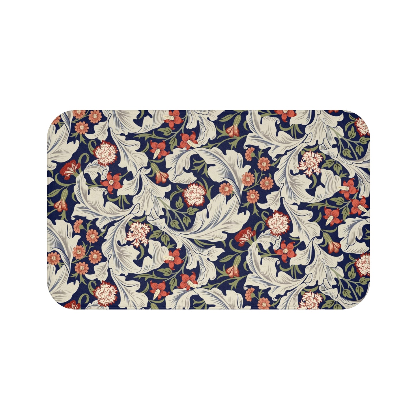 A rectangular microfibre bath mat with a floral pattern inspired by William Morris, predominantly in blue and white colors.
