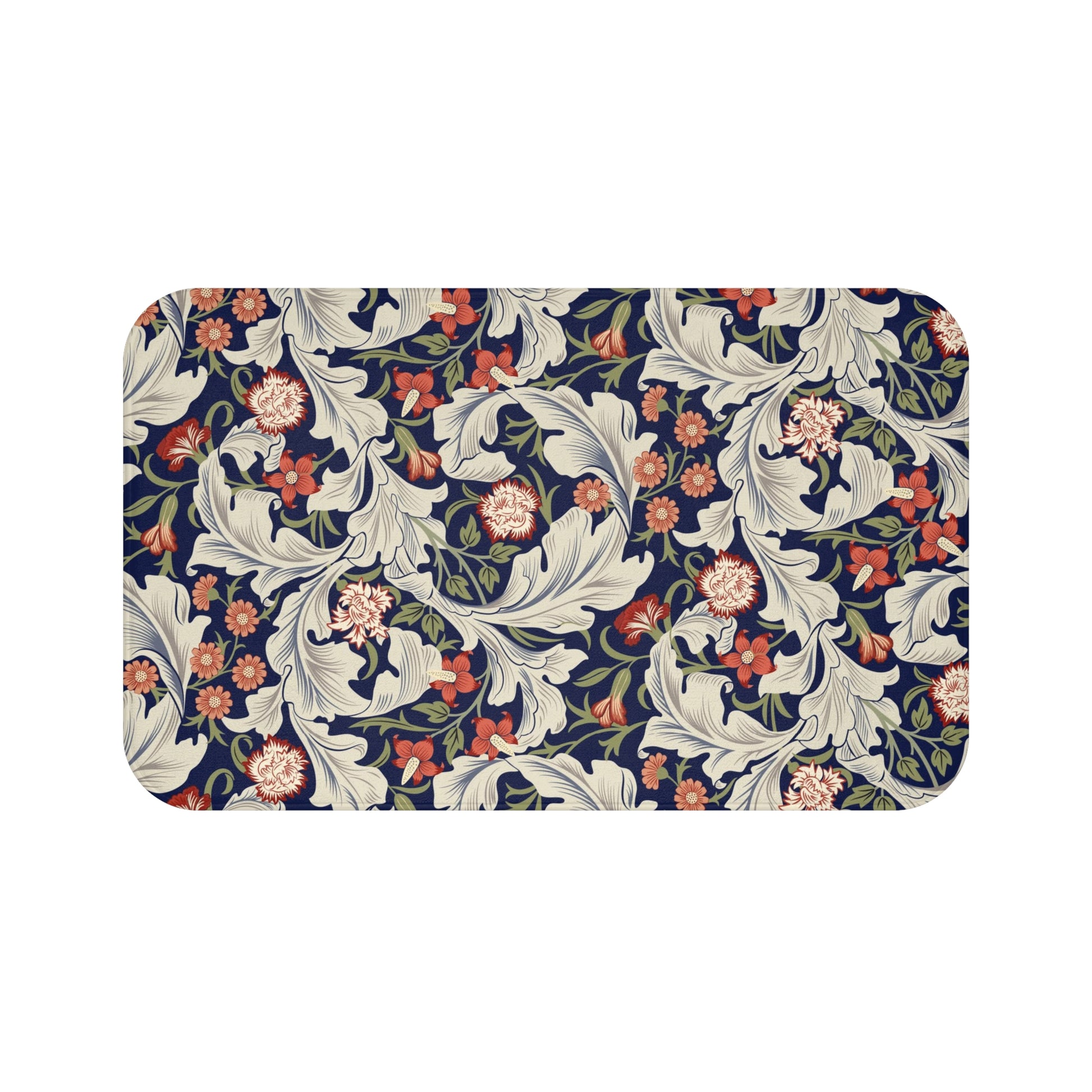 A rectangular microfibre bath mat with a floral pattern inspired by William Morris, predominantly in blue and white colors.