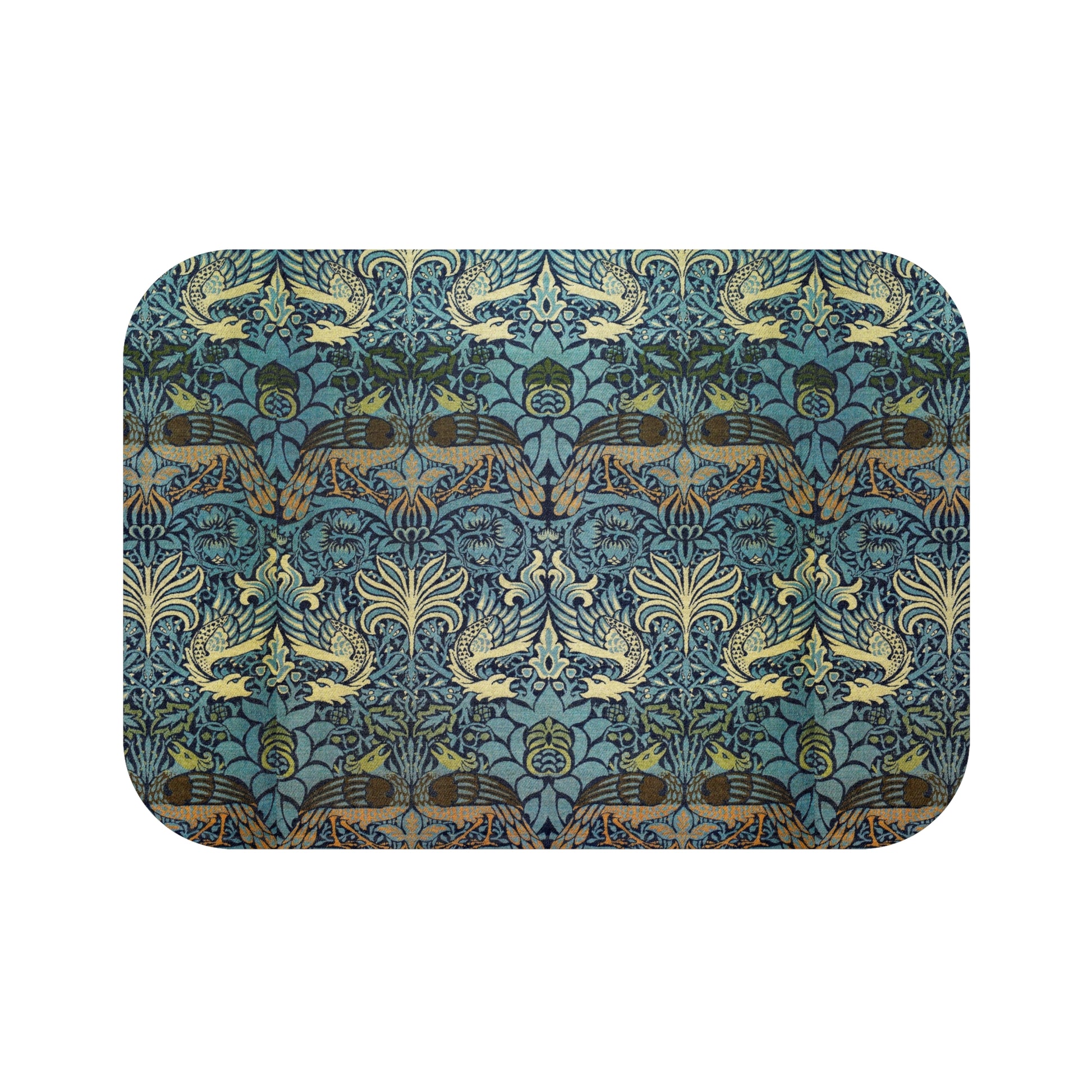 Microfibre bath mat with a blue and green peacock and dragon pattern from William Morris 