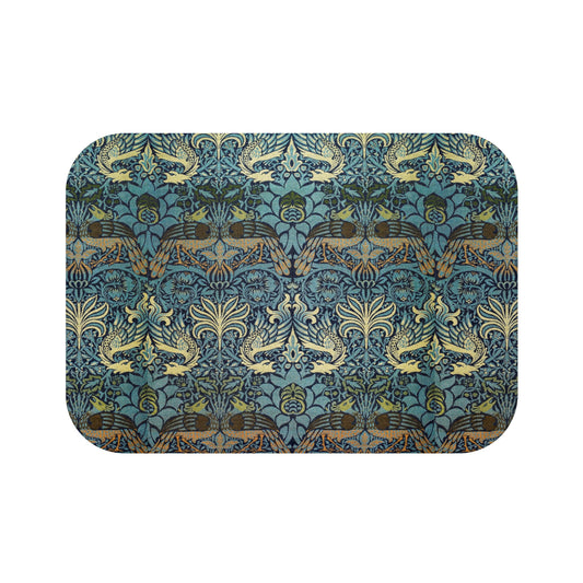 Microfibre bath mat with a blue and green peacock and dragon pattern from William Morris 