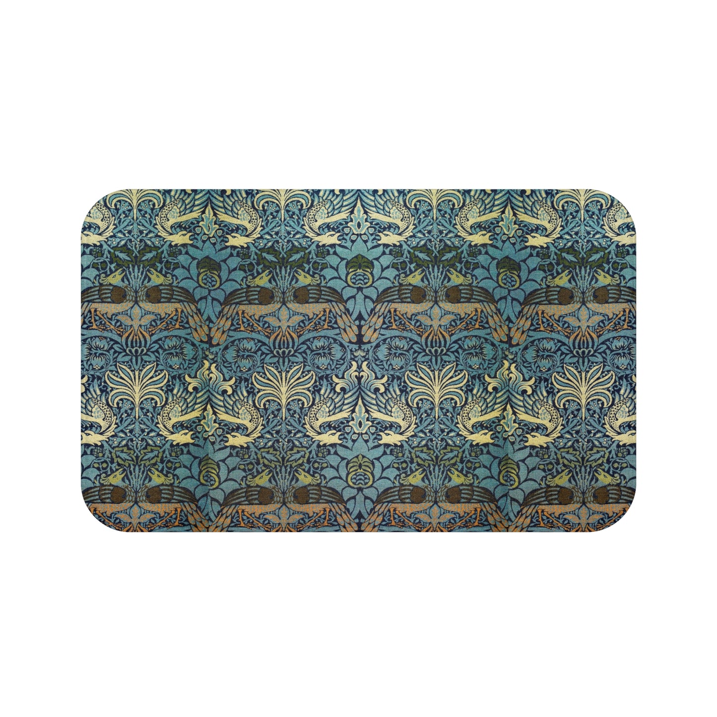 Microfibre bath mat with a blue and green peacock and dragon pattern from William Morris 