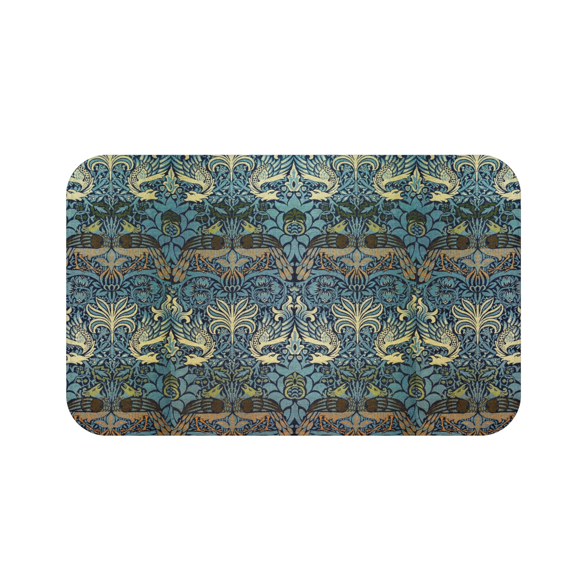 Microfibre bath mat with a blue and green peacock and dragon pattern from William Morris 