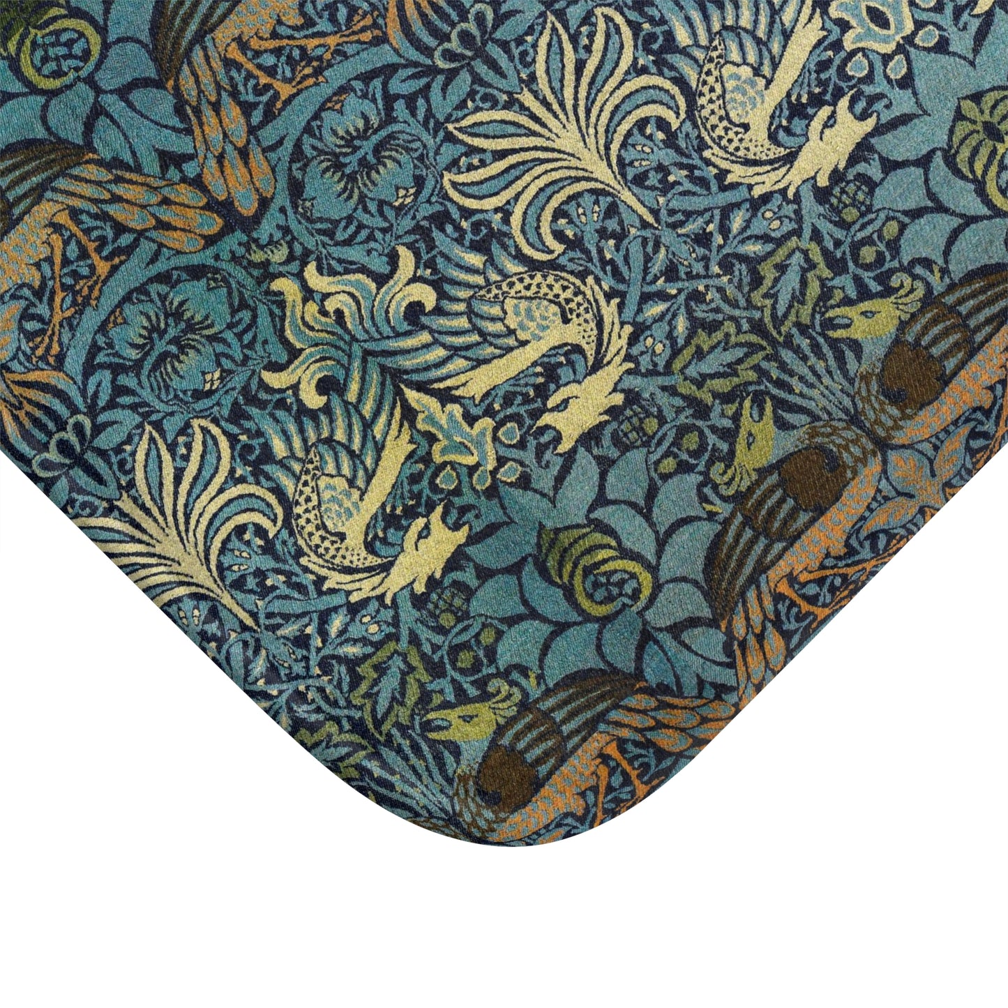 Microfibre bath mat with a blue and green peacock and dragon pattern from William Morris 