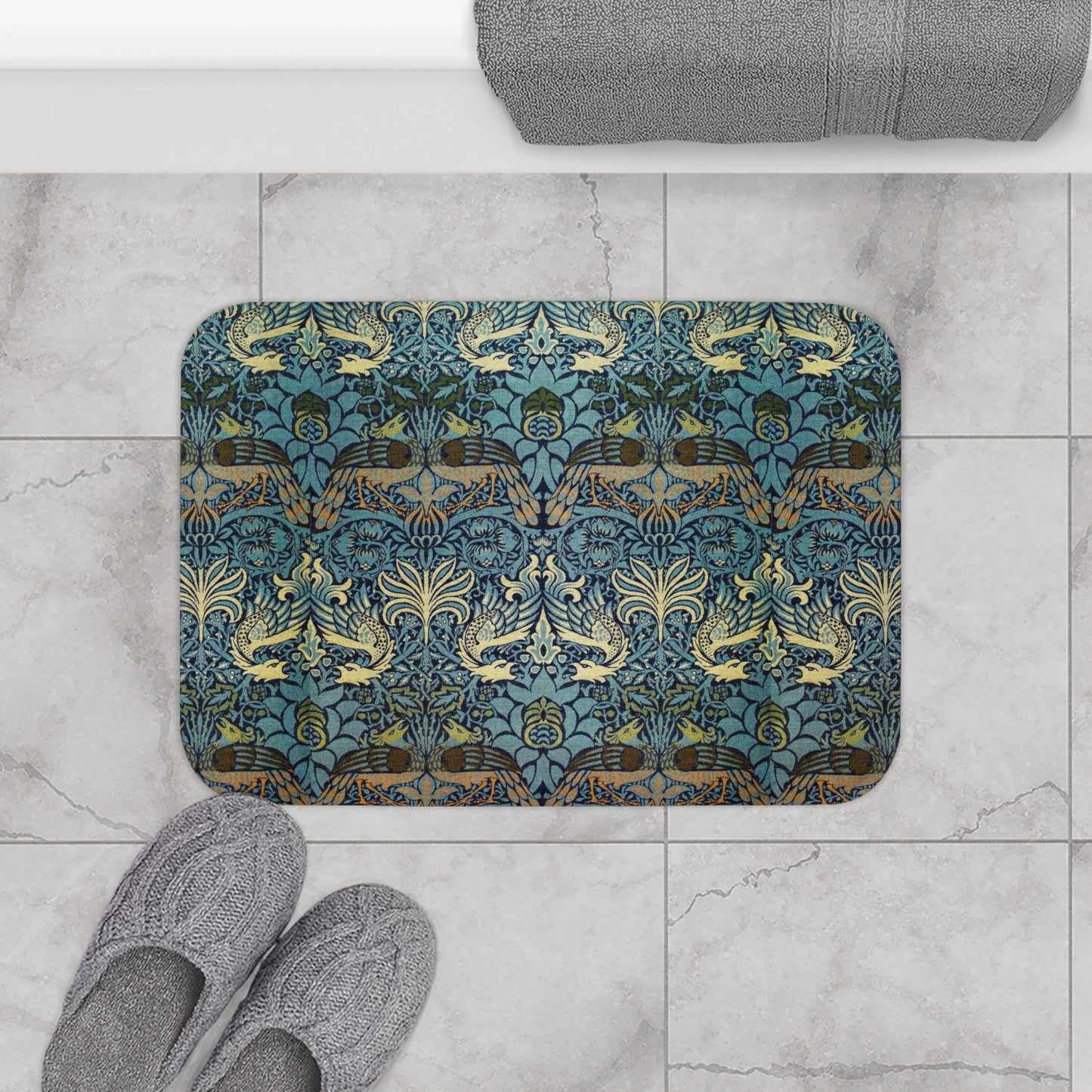 Microfibre bath mat with a blue and green peacock and dragon pattern from William Morris 