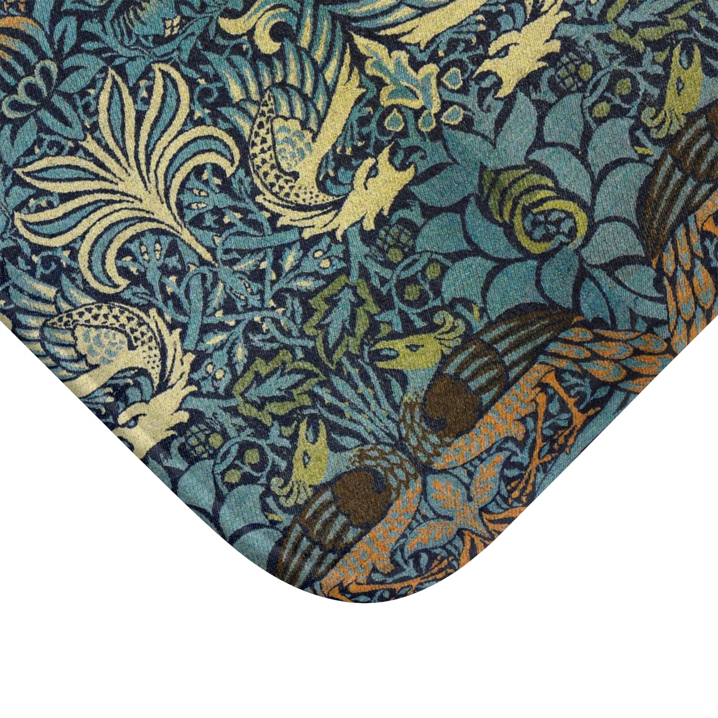 Microfibre bath mat with a blue and green peacock and dragon pattern from William Morris 