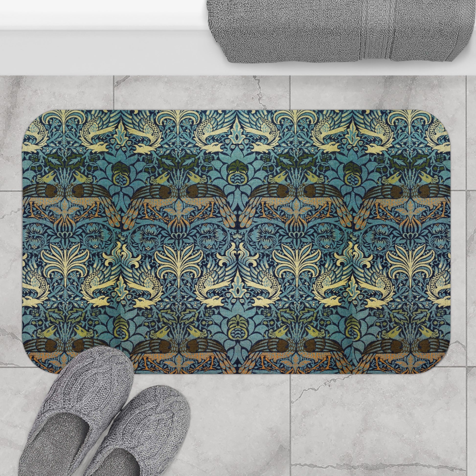 Microfibre bath mat with a blue and green peacock and dragon pattern from William Morris 