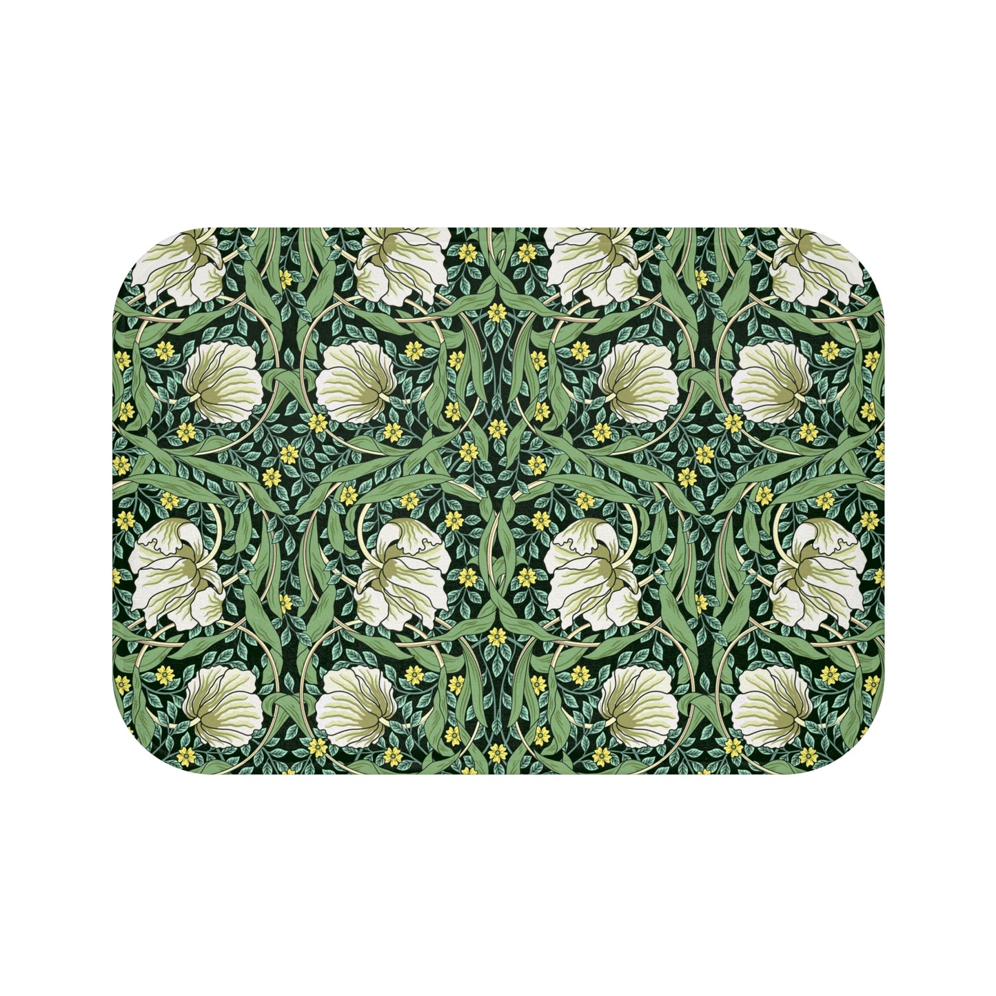 Microfibre bath mat with a green floral pattern inspired by William Morris, featuring a non-slip backing.