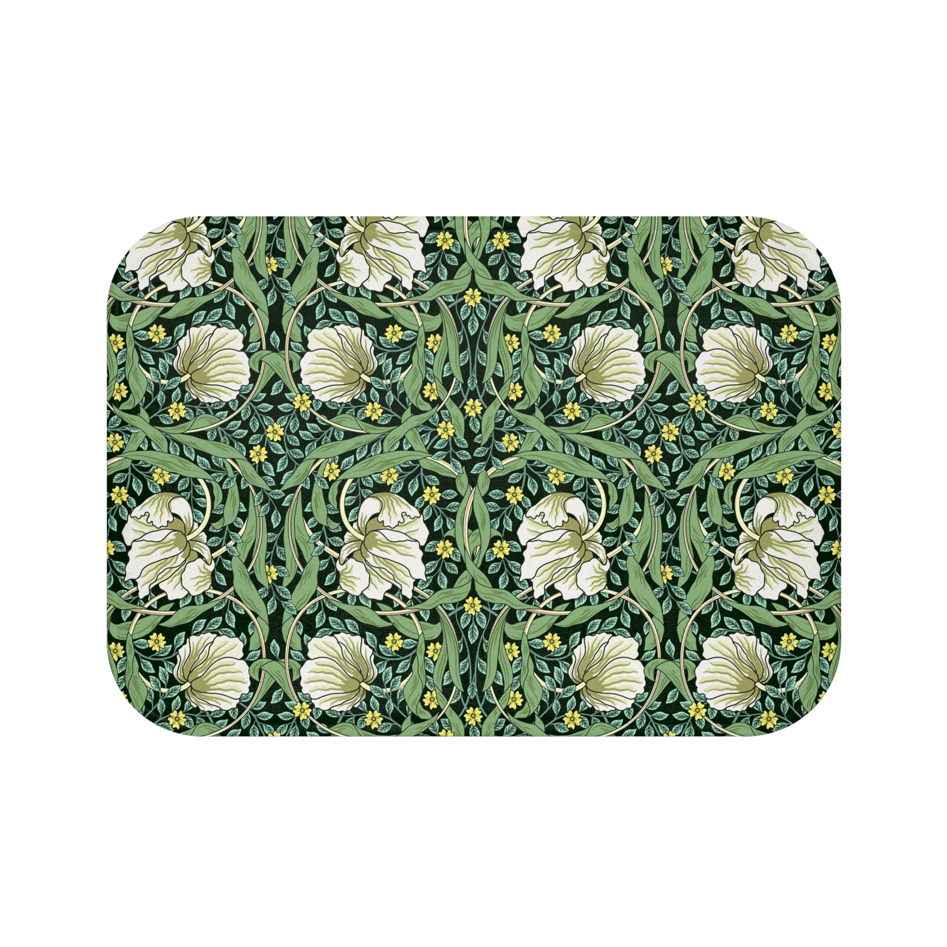 Microfibre bath mat with a green floral pattern inspired by William Morris, featuring a non-slip backing.