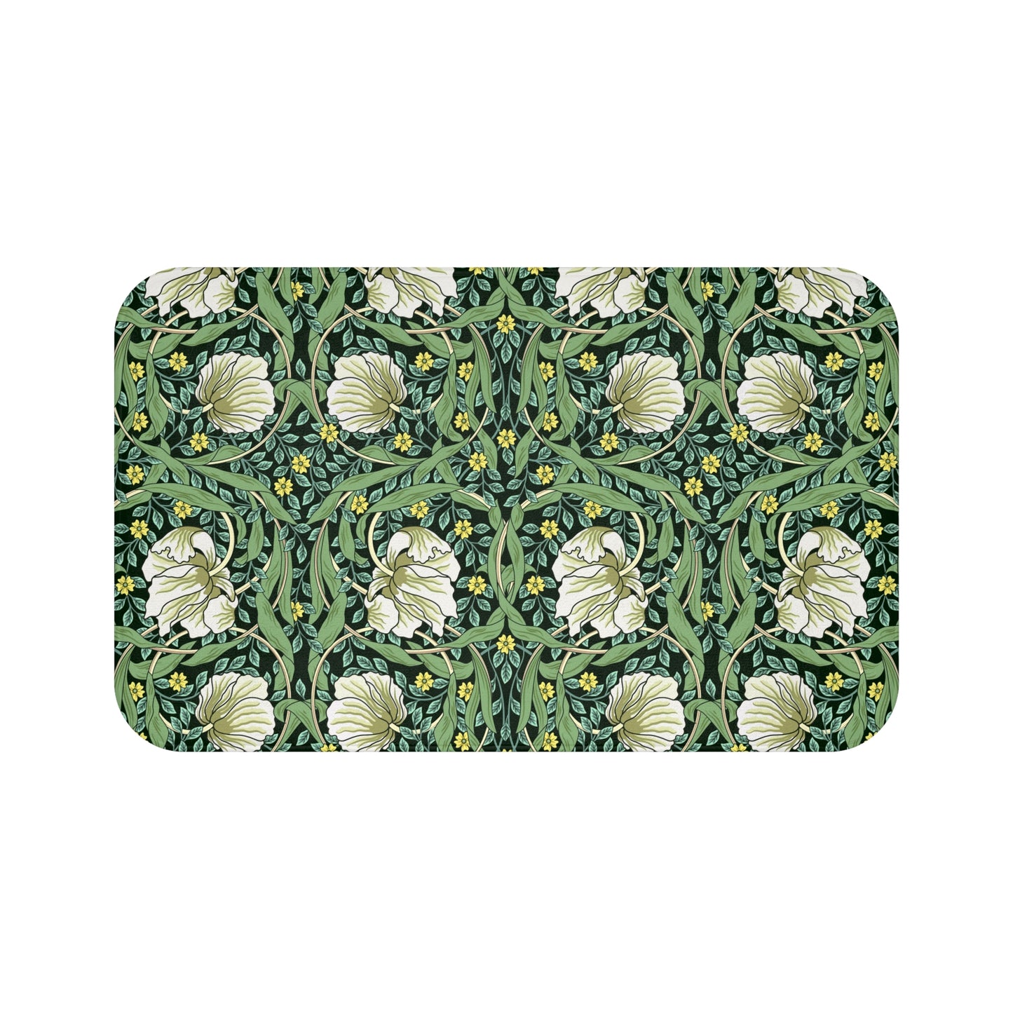 Microfibre bath mat with a green floral pattern inspired by William Morris, featuring a non-slip backing.