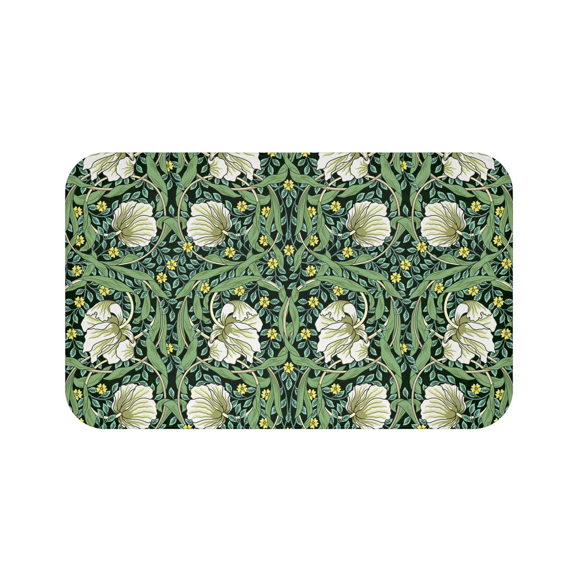 Microfibre bath mat with a green floral pattern inspired by William Morris, featuring a non-slip backing.