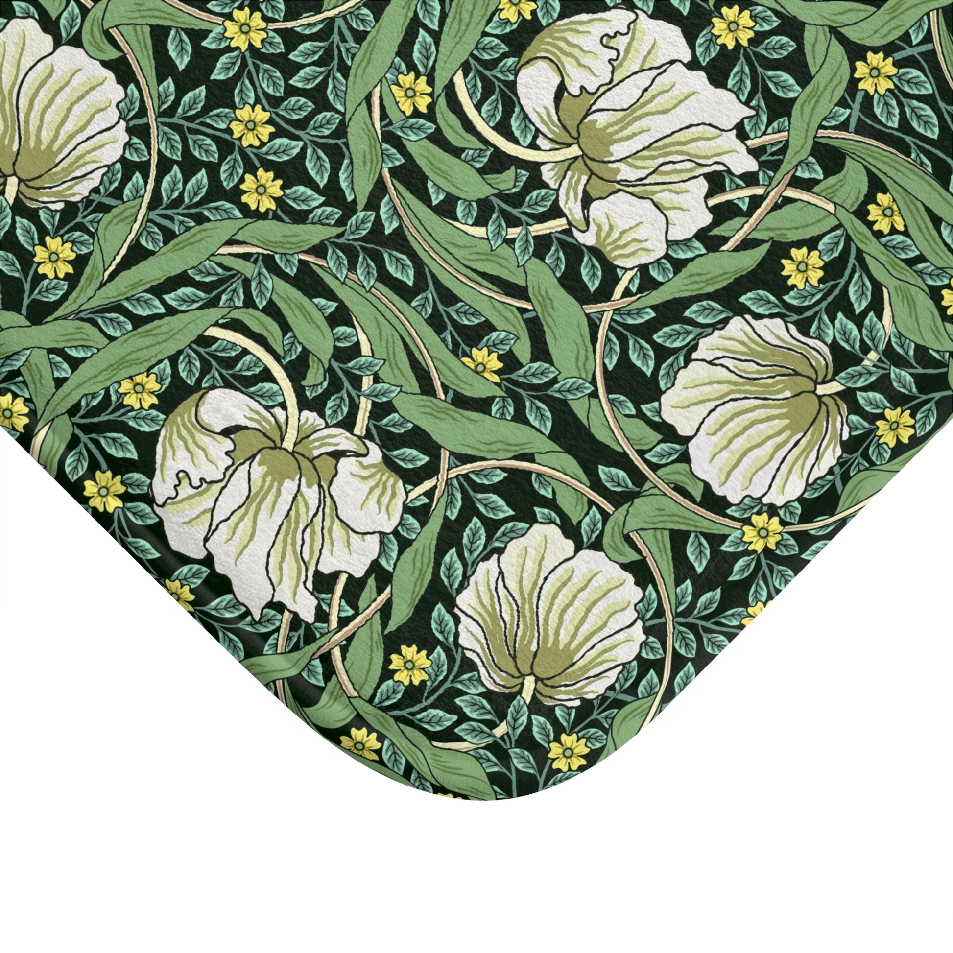 Microfibre bath mat with a green floral pattern inspired by William Morris, featuring a non-slip backing.