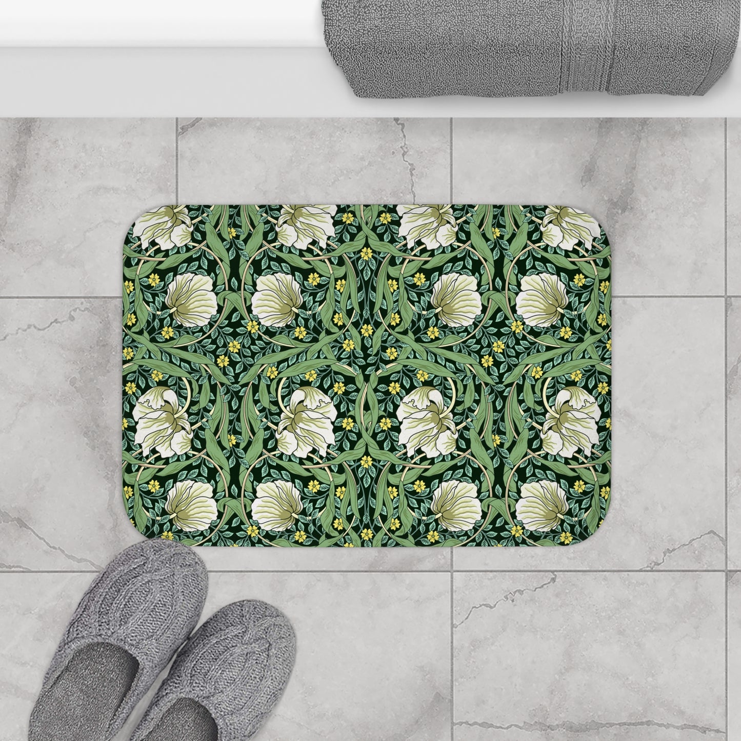 Microfibre bath mat with a green floral pattern inspired by William Morris, featuring a non-slip backing.
