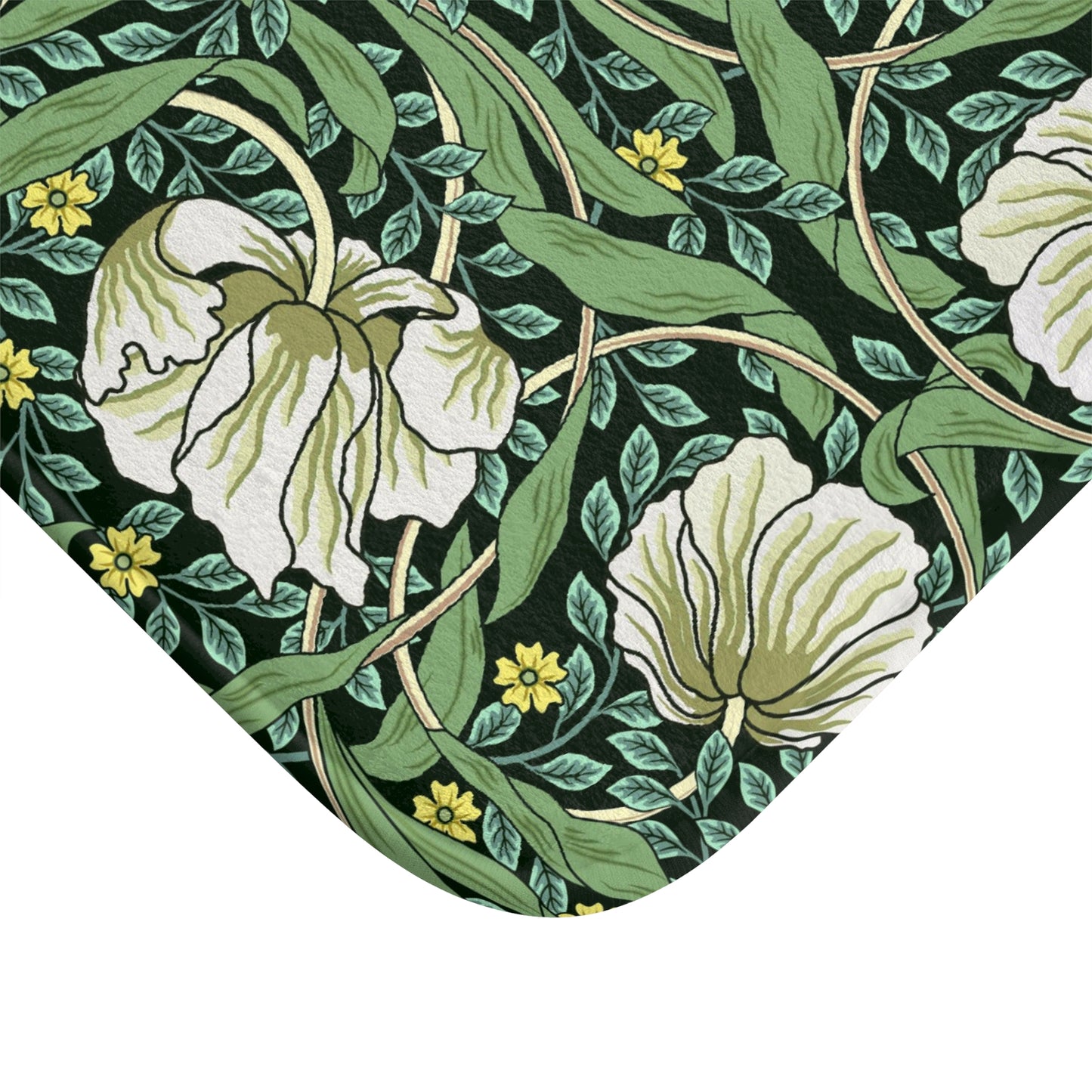 Microfibre bath mat with a green floral pattern inspired by William Morris, featuring a non-slip backing.