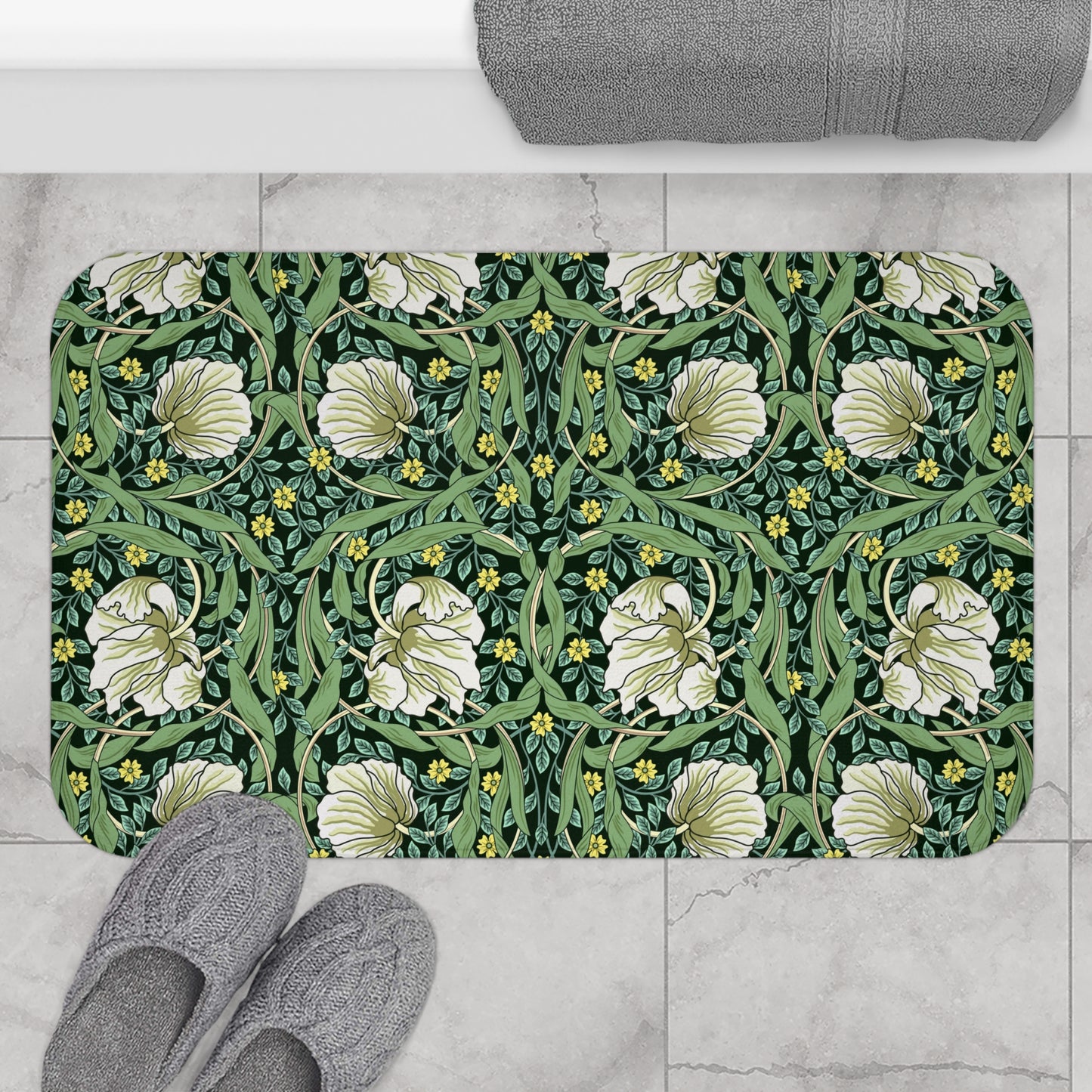 Microfibre bath mat with a green floral pattern inspired by William Morris, featuring a non-slip backing.