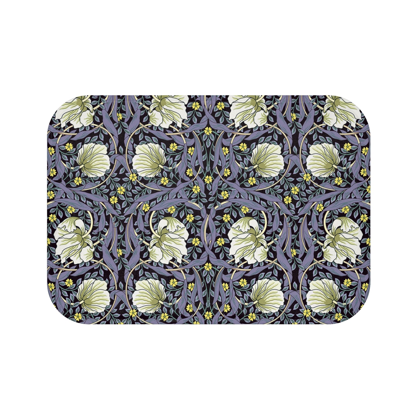 A rectangular microfibre bath mat with a floral pattern in shades of purple and green, inspired by William Morris' design.