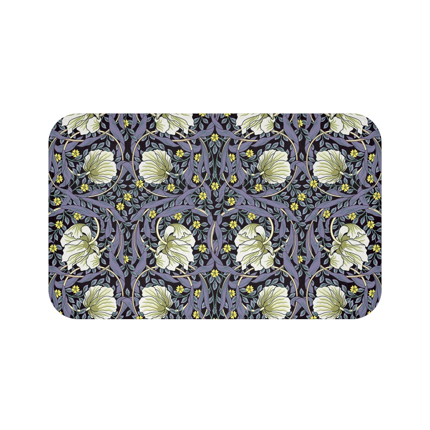 A rectangular microfibre bath mat with a floral pattern in shades of purple and green, inspired by William Morris' design.