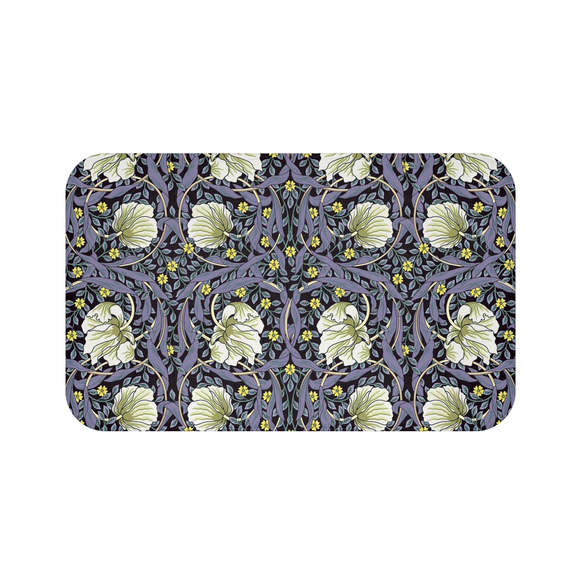 A rectangular microfibre bath mat with a floral pattern in shades of purple and green, inspired by William Morris' design.