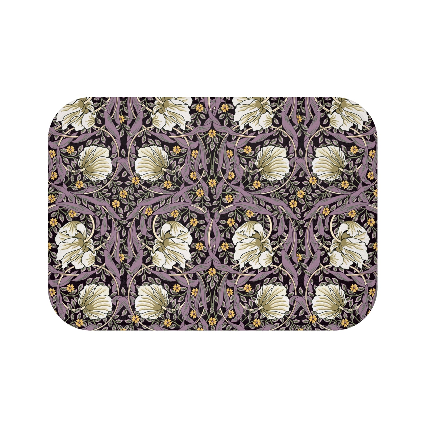 A rectangular microfibre bath mat with a floral pattern inspired by William Morris, predominantly in pink, purple and gold colours.