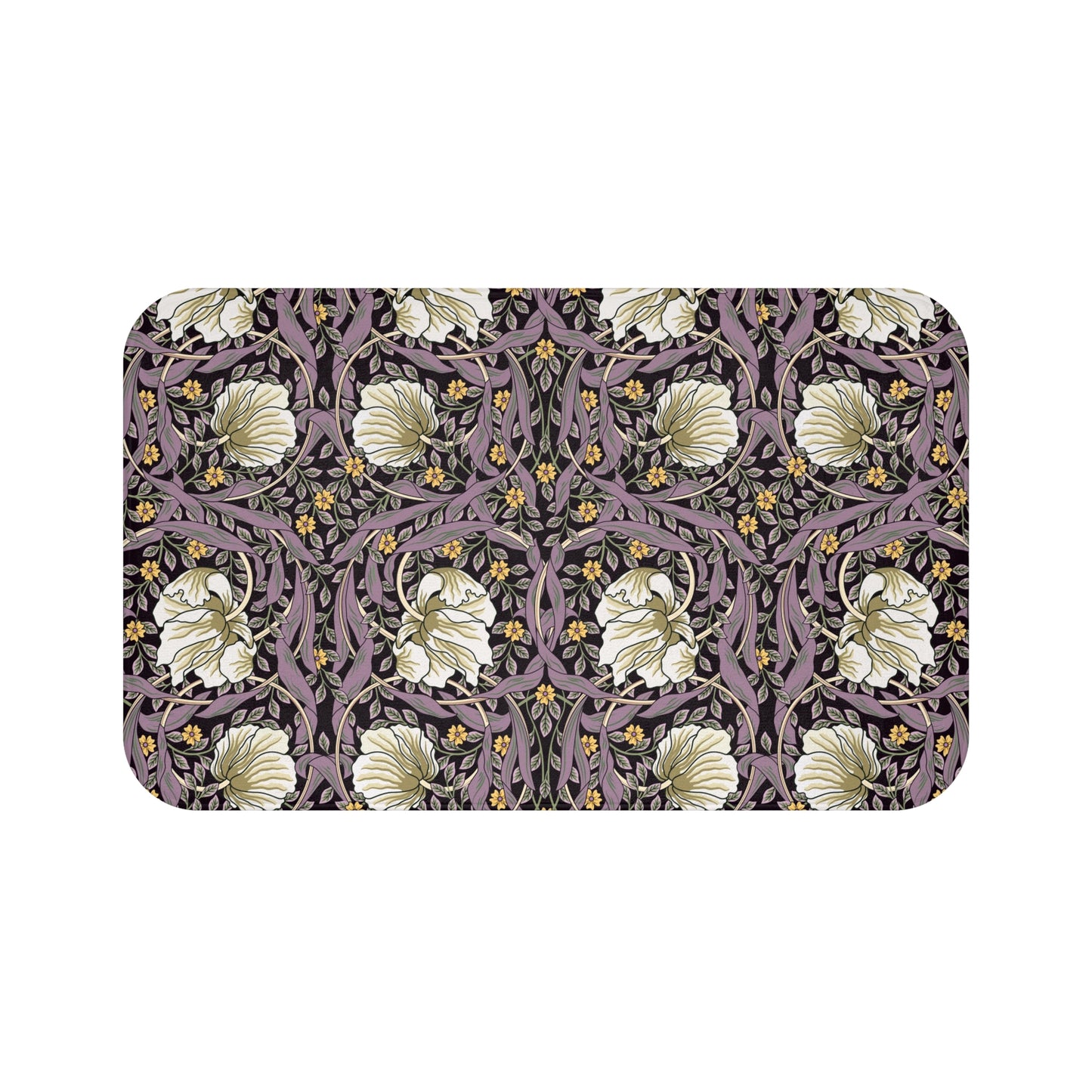 A rectangular microfibre bath mat with a floral pattern inspired by William Morris, predominantly in purple and gold colors.