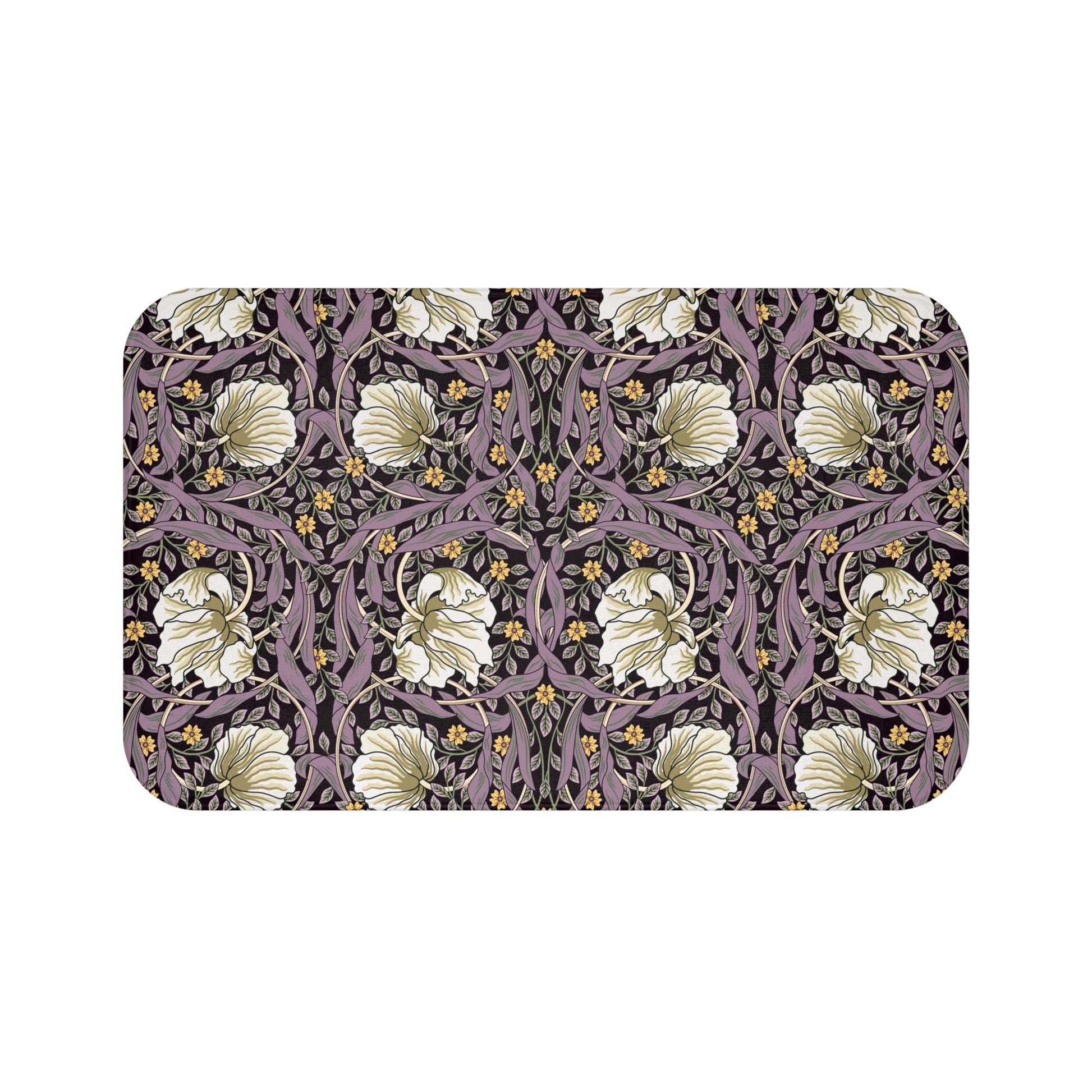 A rectangular microfibre bath mat with a floral pattern inspired by William Morris, predominantly in purple and gold colors.
