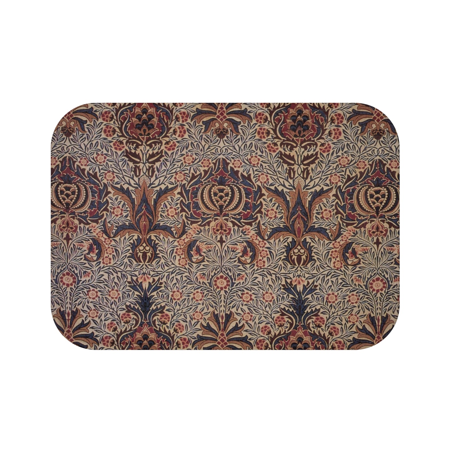 A rectangular microfibre bath mat with a floral pattern inspired by William Morris, in colours predominantly brown and green.