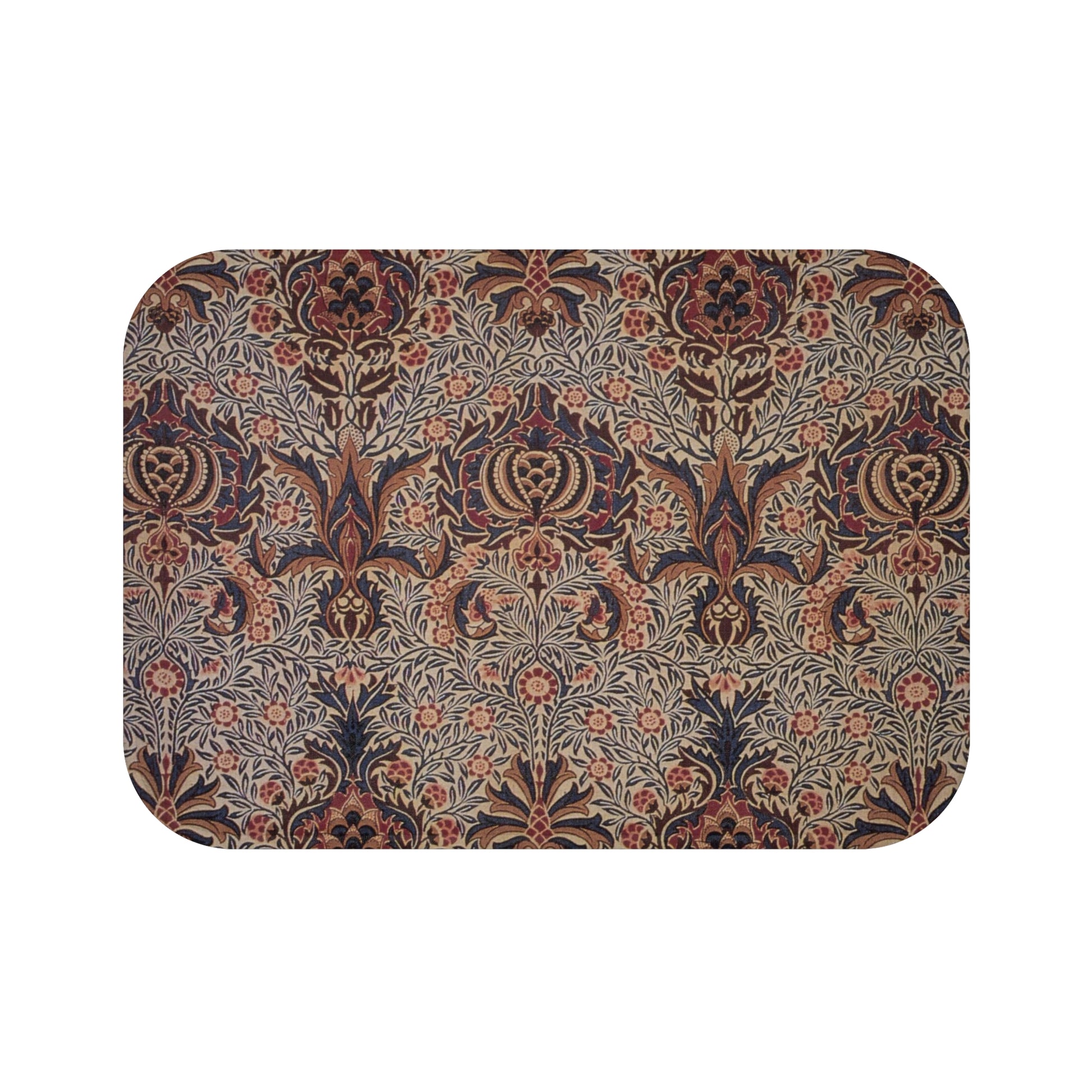 A rectangular microfibre bath mat with a floral pattern inspired by William Morris, in colours predominantly brown and green.