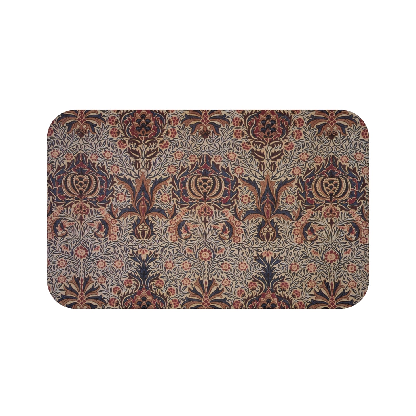 A rectangular microfibre bath mat with a floral pattern inspired by William Morris, in colors predominantly brown and green.