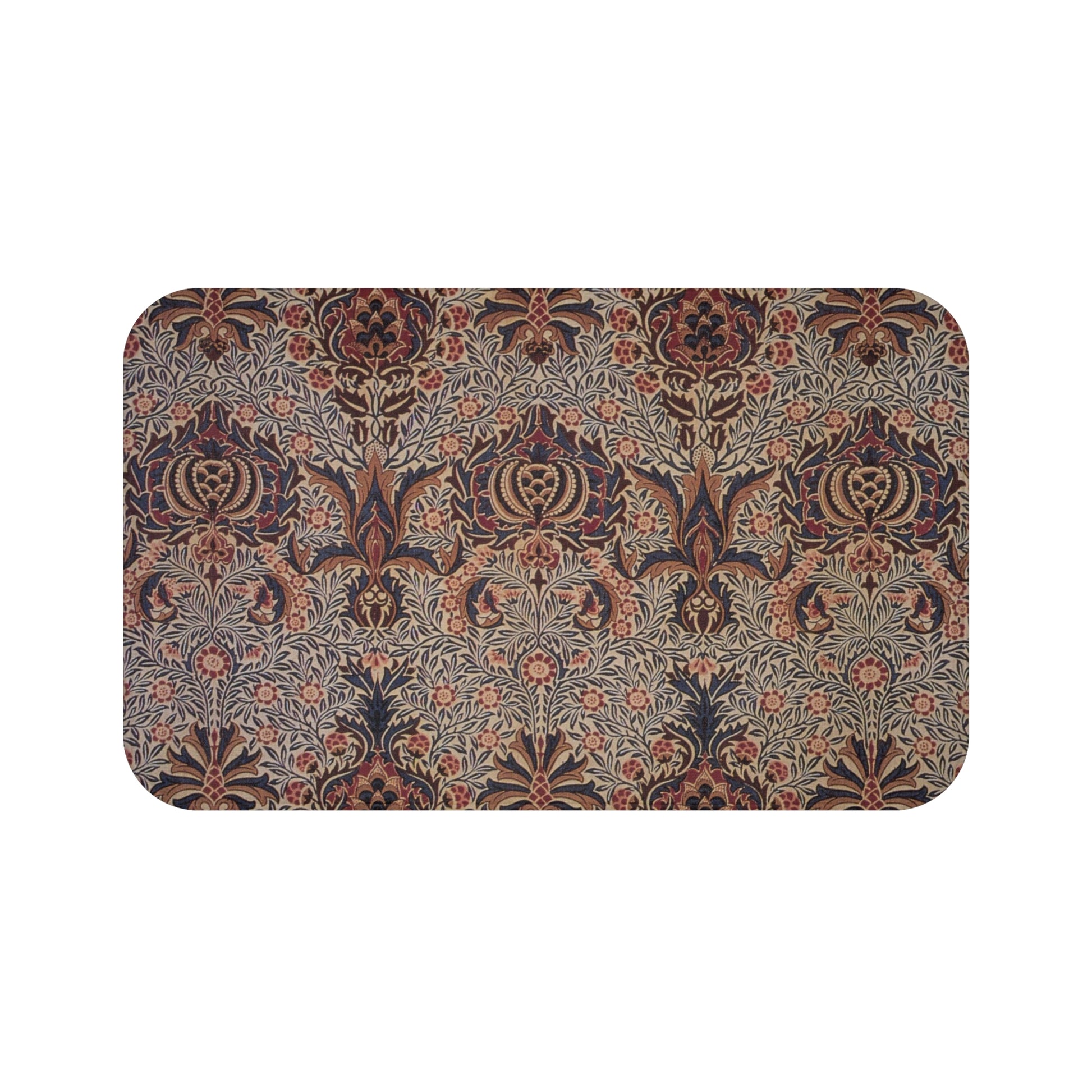 A rectangular microfibre bath mat with a floral pattern inspired by William Morris, in colors predominantly brown and green.