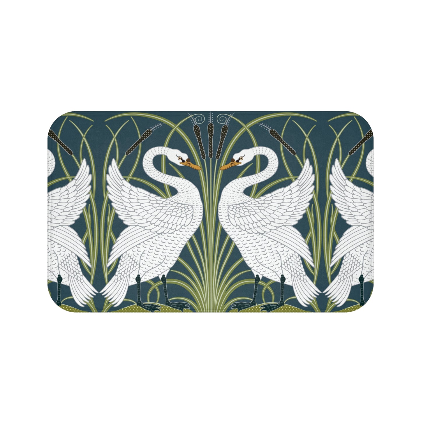 Decorative mat with swan design on a green background