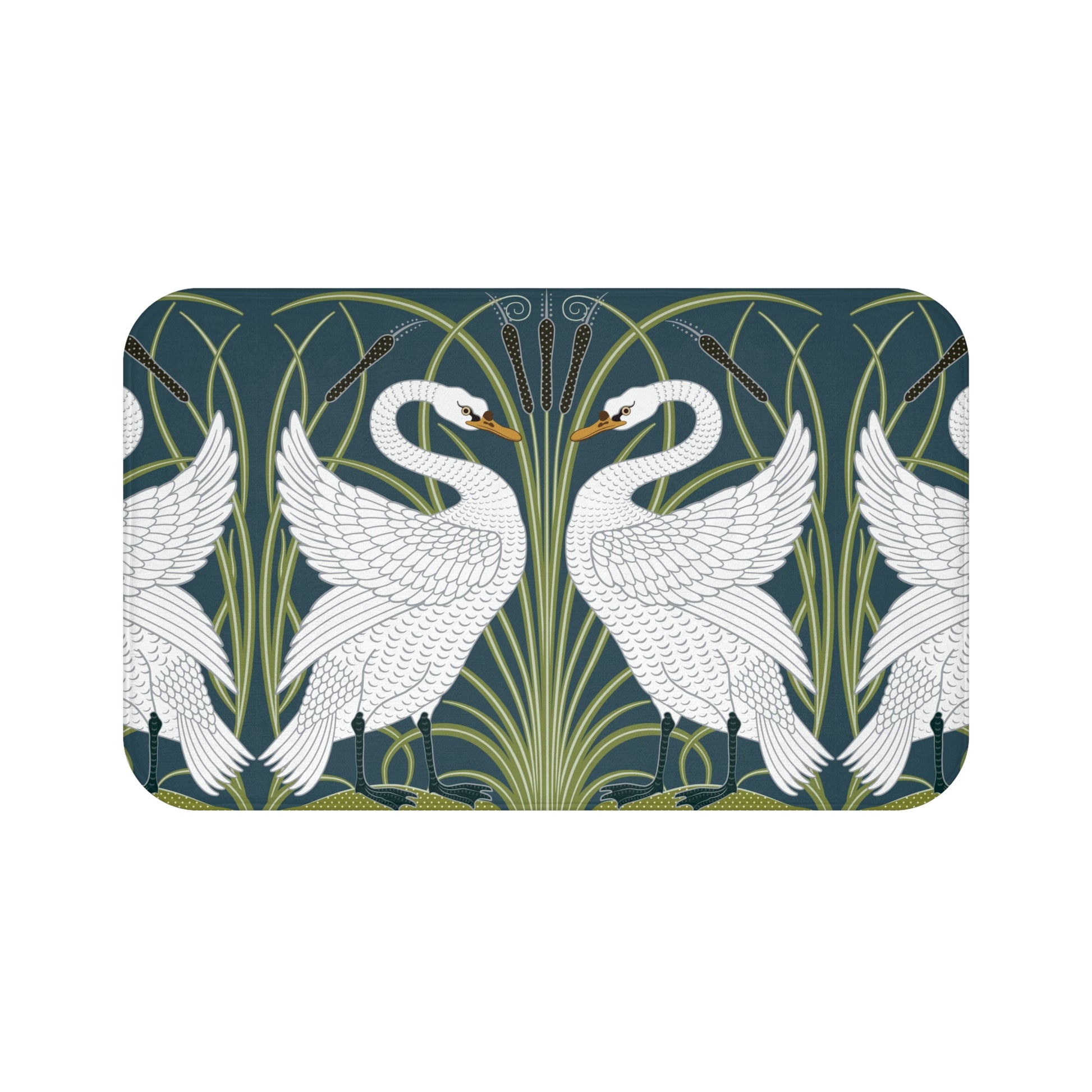 Decorative mat with swan design on a green background