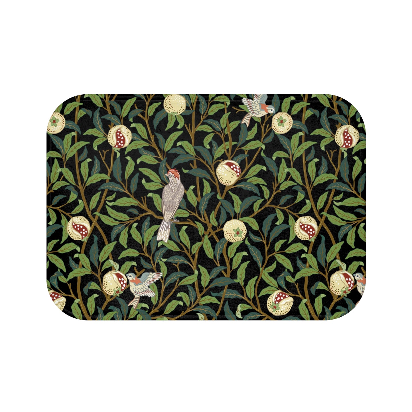 Microfibre bath mat with a design inspired by William Morris featuring birds and pomegranates on a dark background.