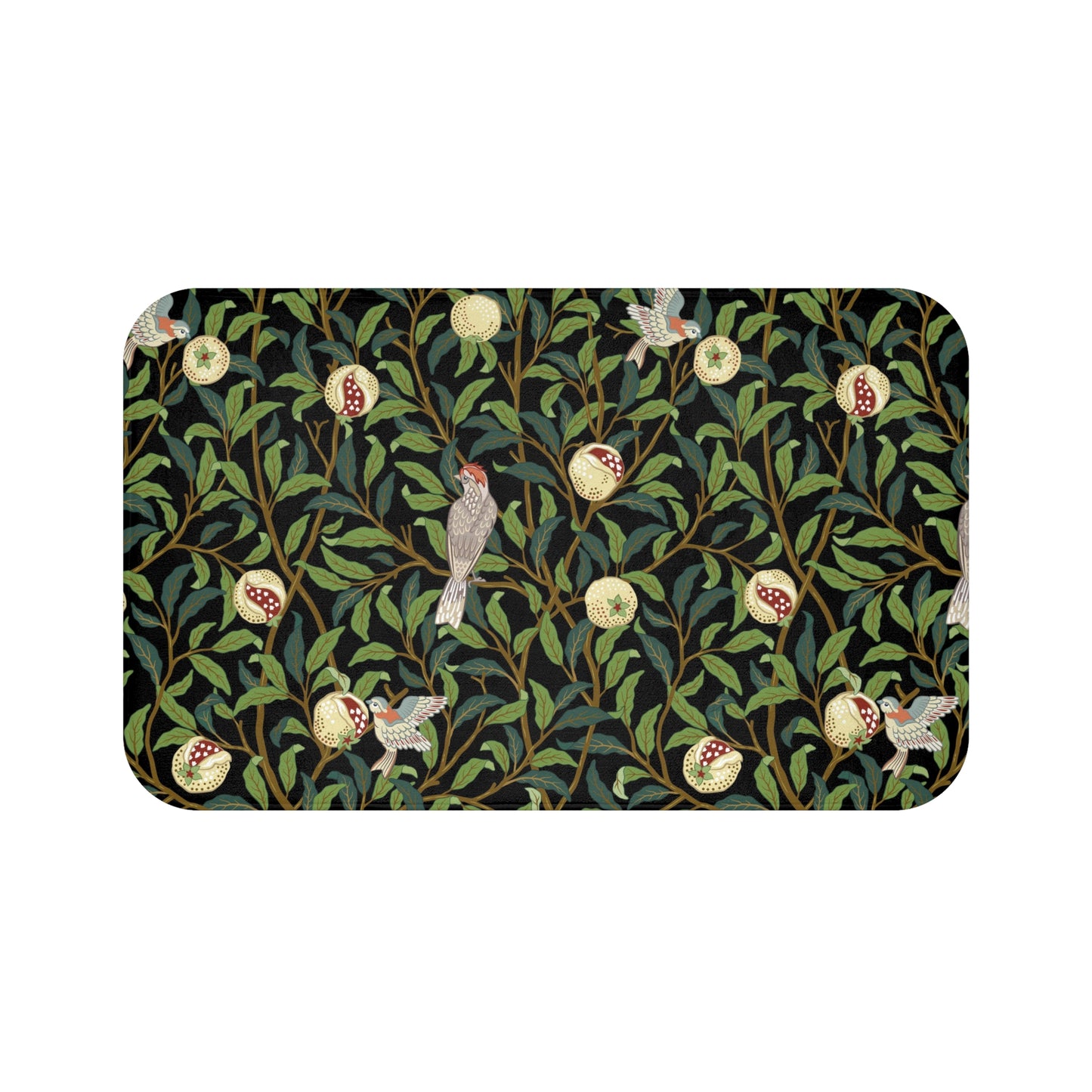 Microfibre bath mat with a design inspired by William Morris featuring birds and pomegranates on a dark background.