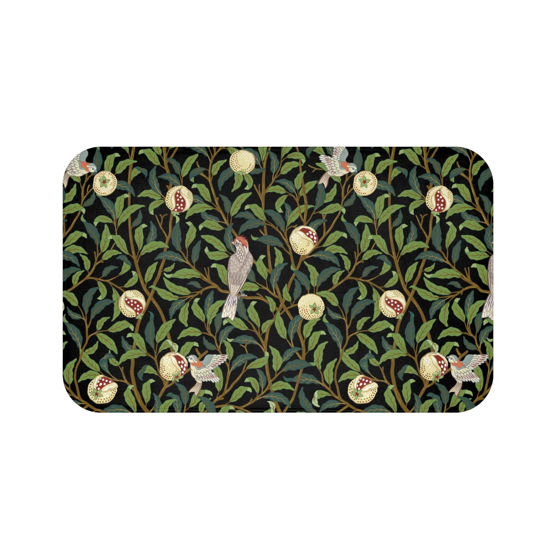 Microfibre bath mat with a design inspired by William Morris featuring birds and pomegranates on a dark background.